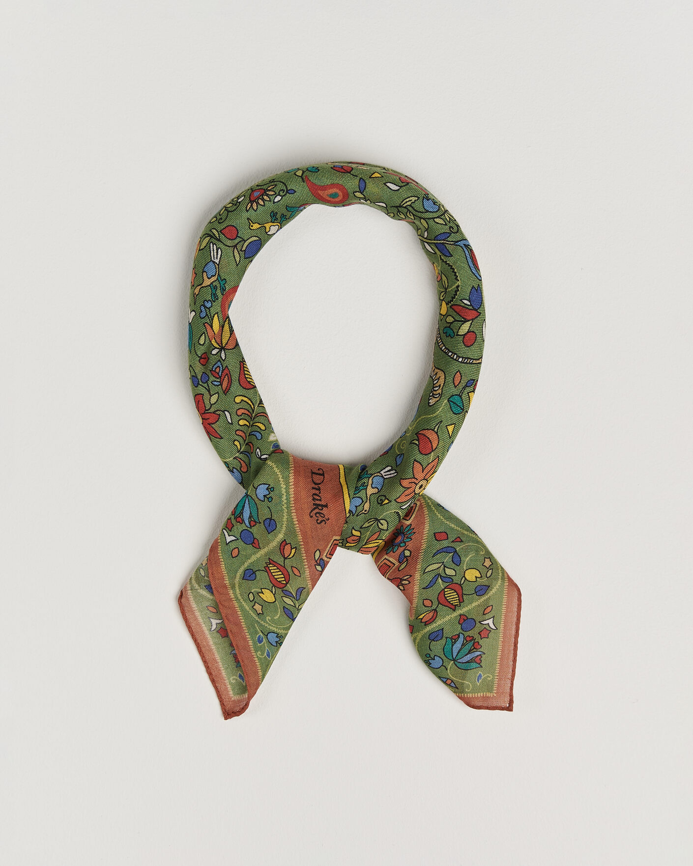 Herr | Scarves | Drake's | Tiger Garden Wool/Silk Bandana Green