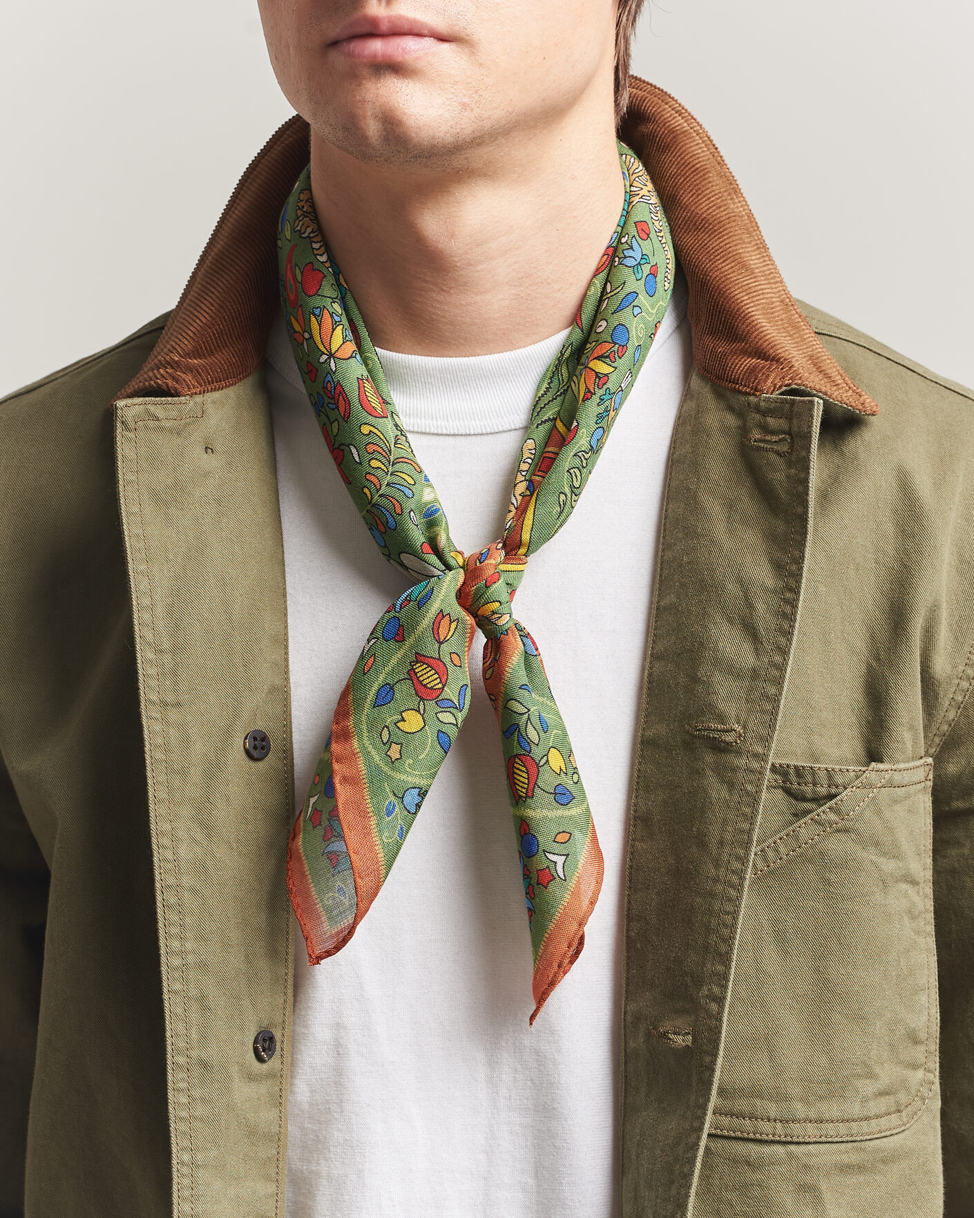 Herr | Scarves | Drake's | Tiger Garden Wool/Silk Bandana Green