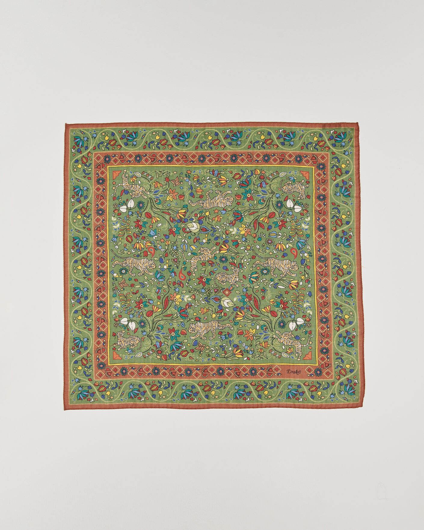 Herr | Scarves | Drake's | Tiger Garden Wool/Silk Bandana Green