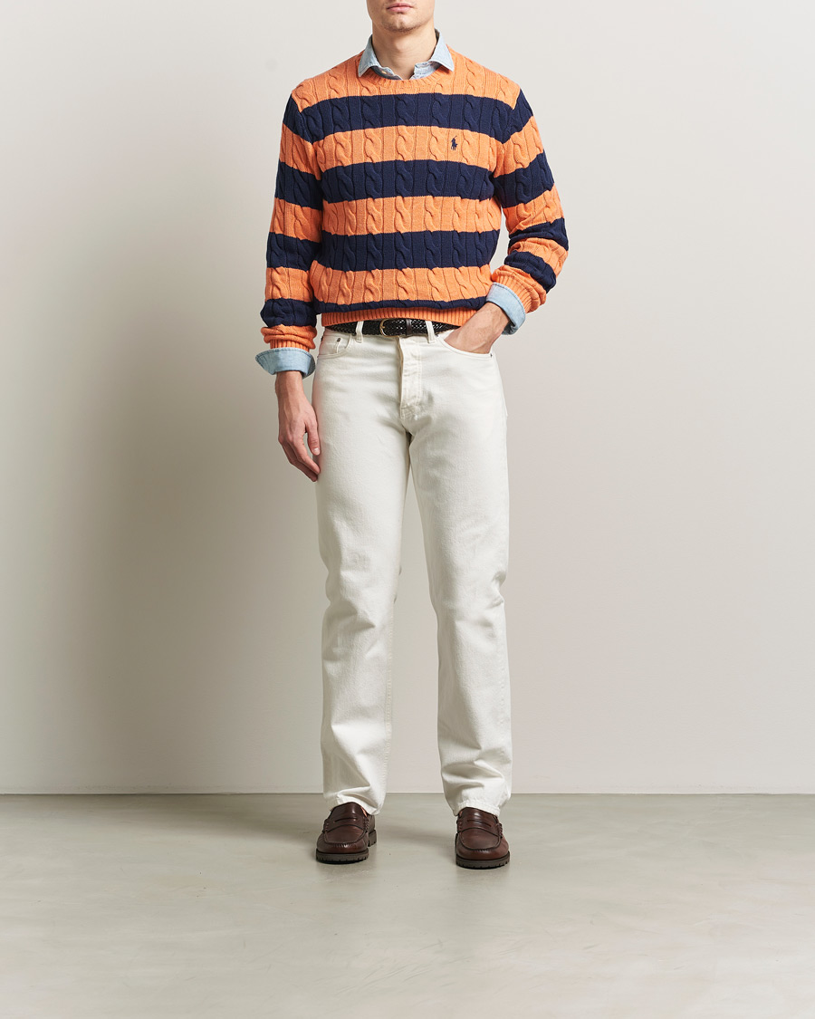 Herr | Tröjor | Polo Ralph Lauren | Striped Cotton Cable Sweater Orange Navy Combo
