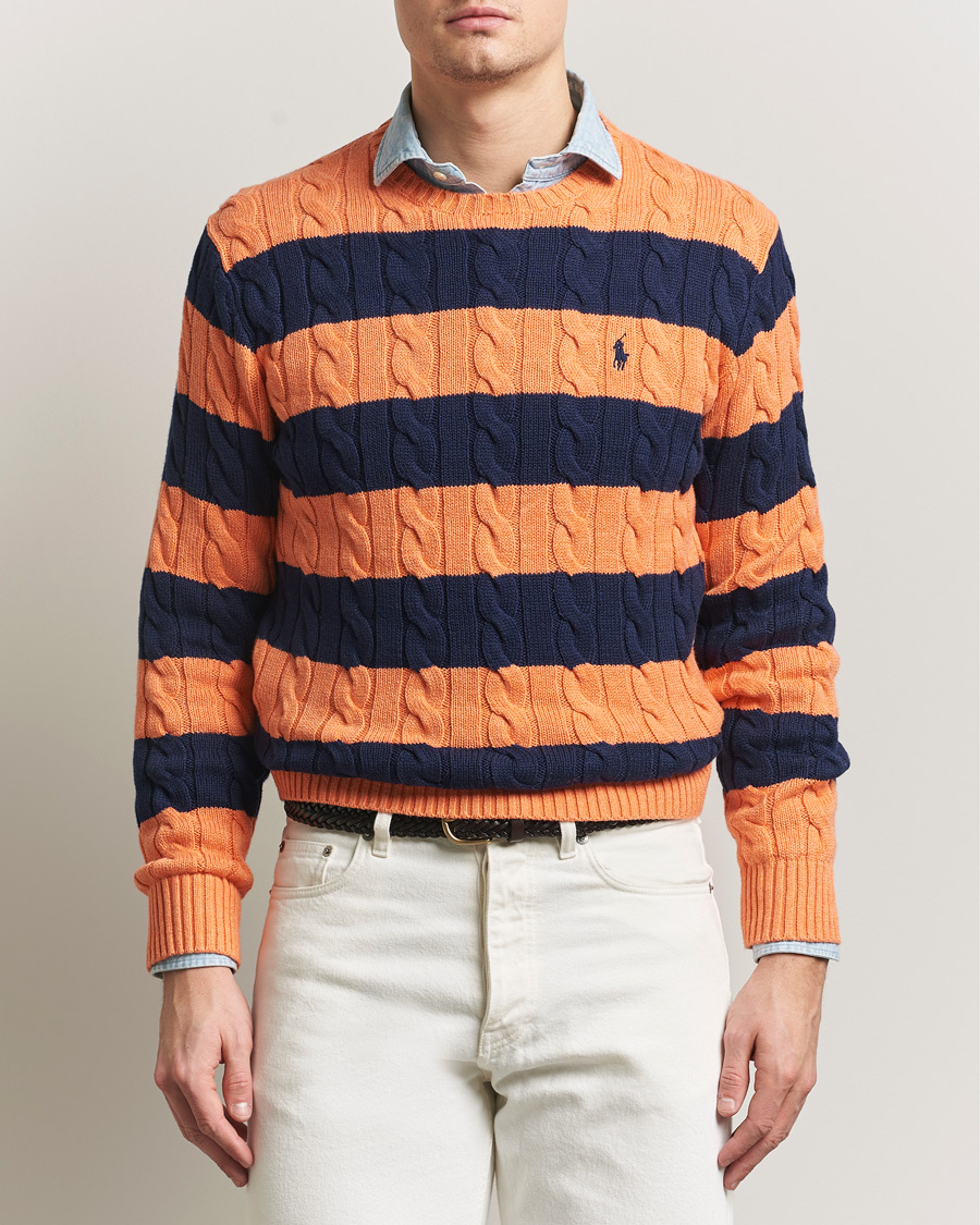 Herr | Tröjor | Polo Ralph Lauren | Striped Cotton Cable Sweater Orange Navy Combo