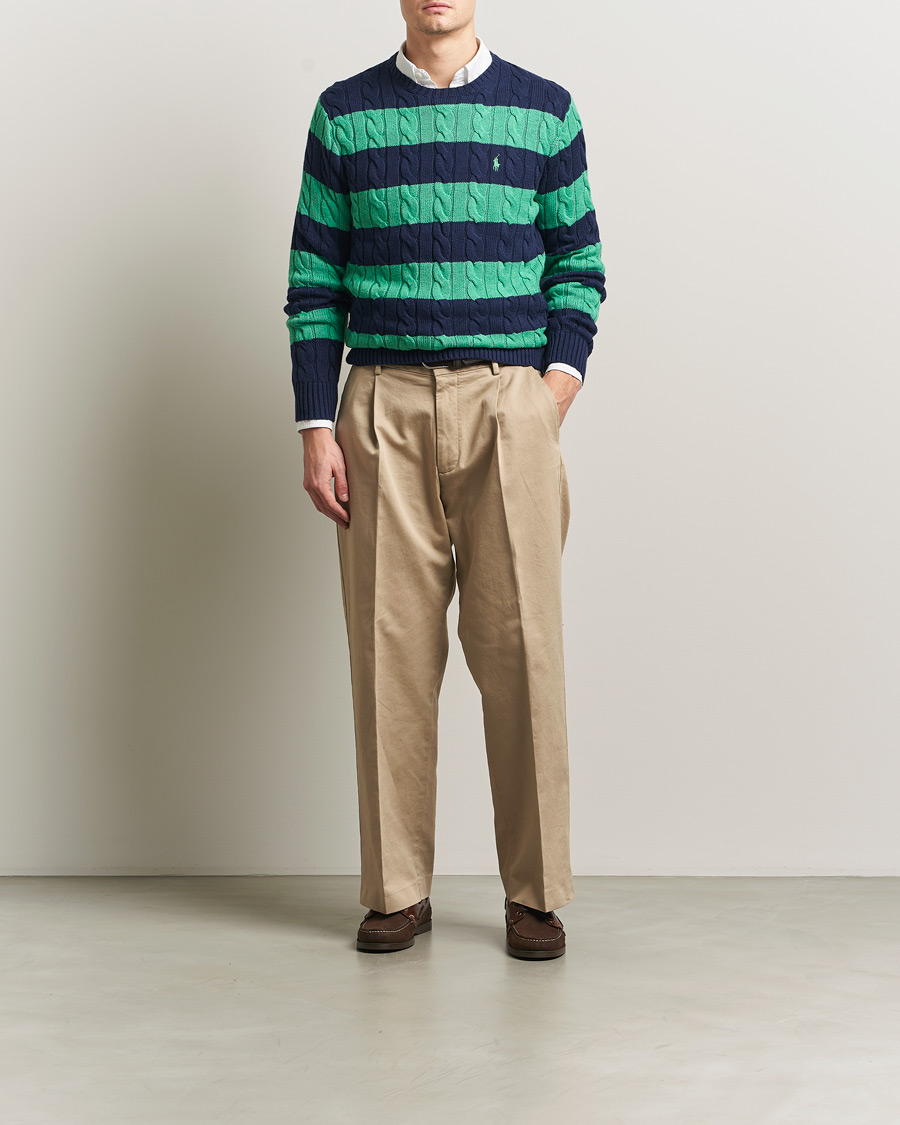 Herr | Tröjor | Polo Ralph Lauren | Striped Cotton Cable Sweater Navy Green Combo
