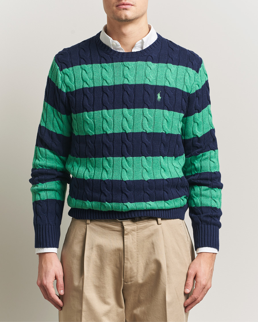 Herr | Tröjor | Polo Ralph Lauren | Striped Cotton Cable Sweater Navy Green Combo