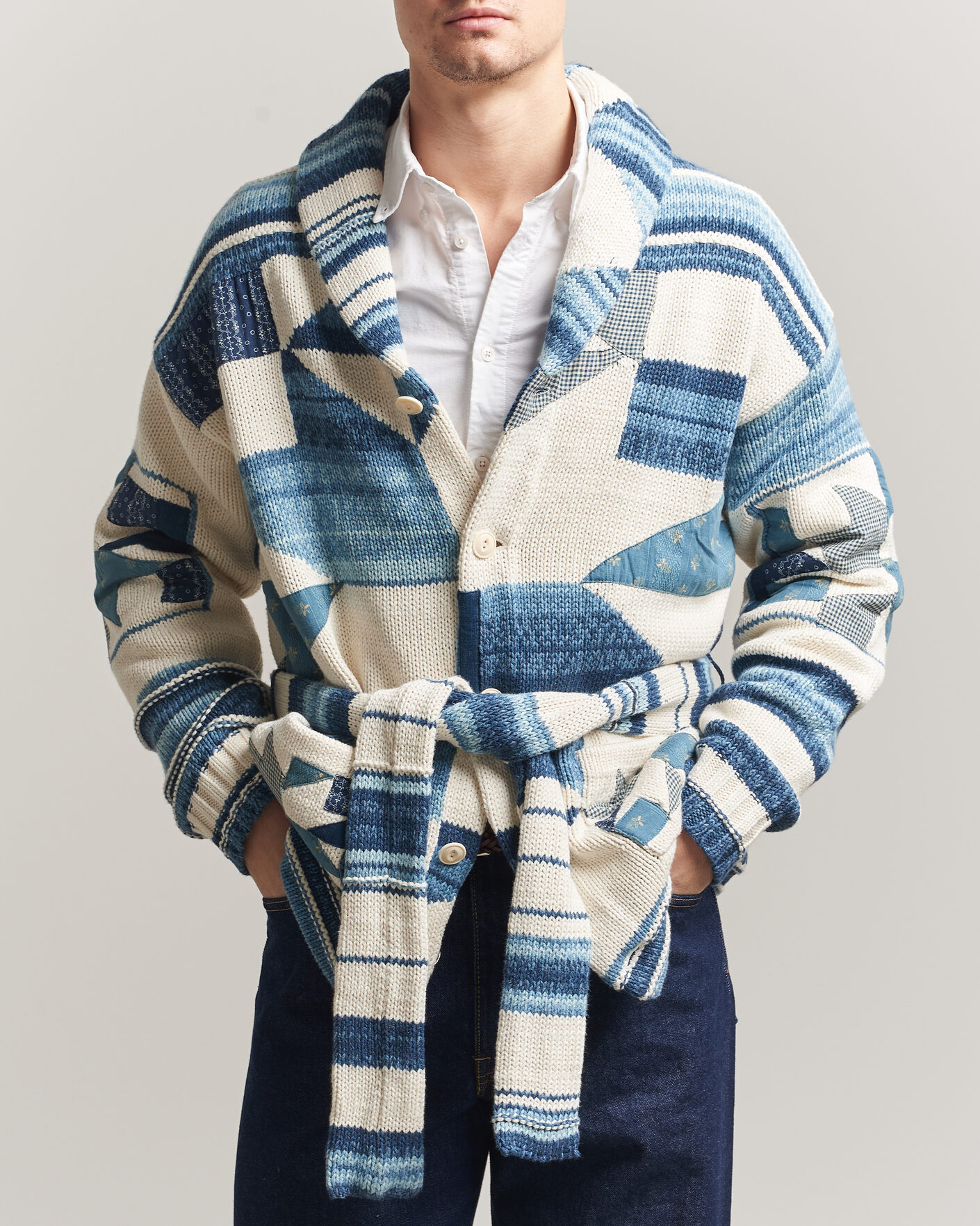 Herr | Tröjor | Polo Ralph Lauren | Cotton Linen Cardigan Cream Blue Combo