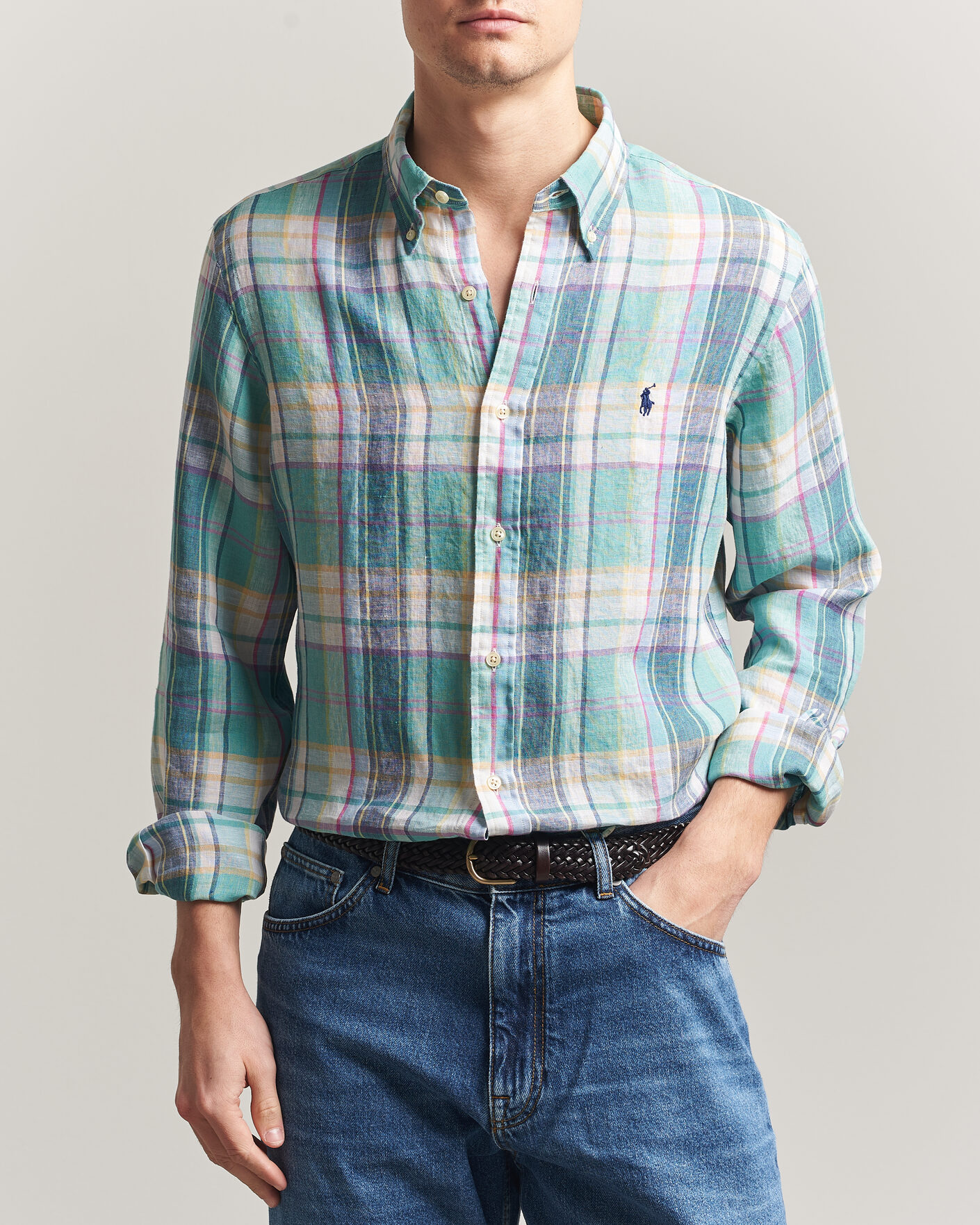 Herr | Skjortor | Polo Ralph Lauren | Custom Fit Check Linen Shirt Green/Blue/White