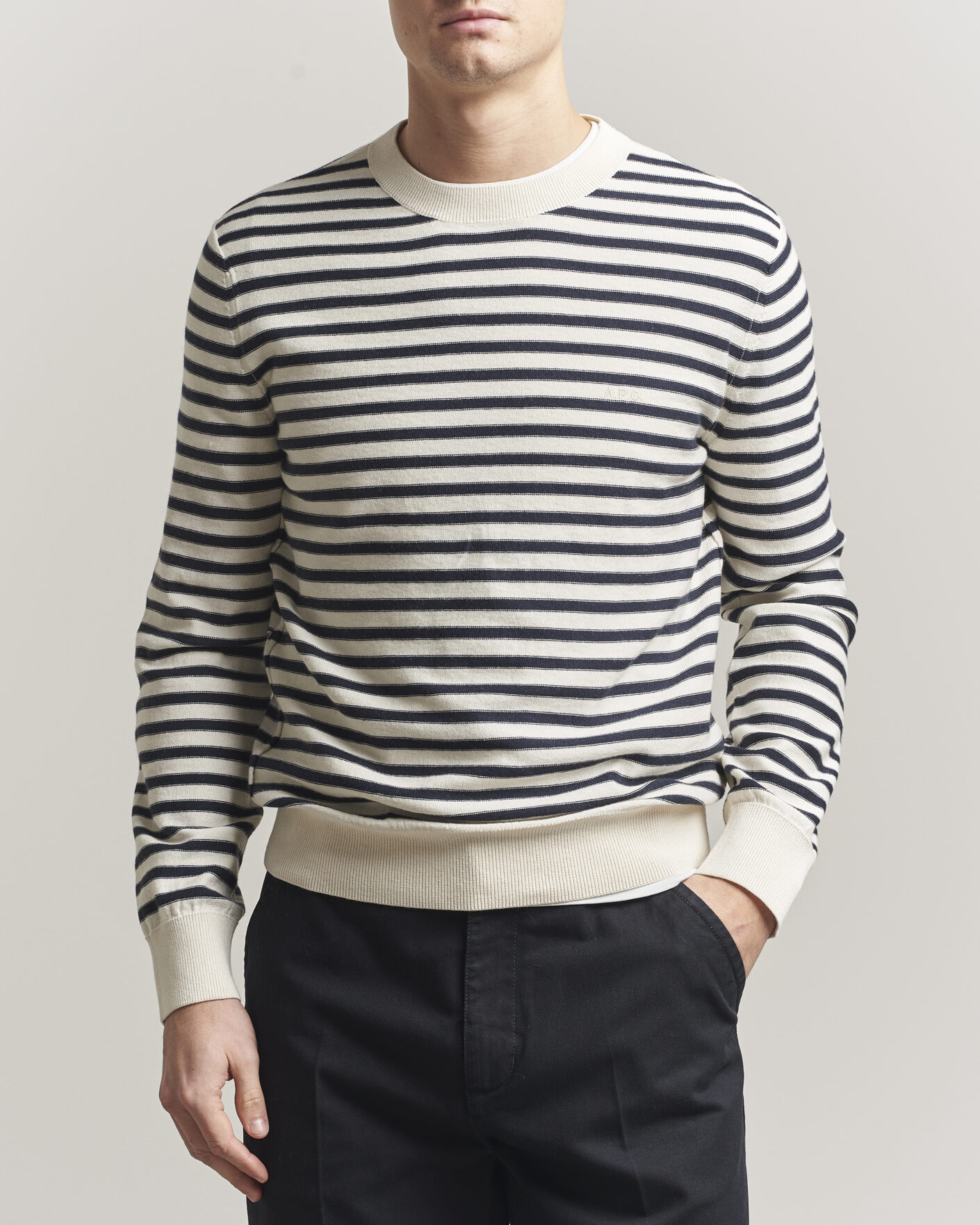 Herr | Tröjor | A.P.C. | Paul Striped Knitted Sweater Ecru/Dark Navy