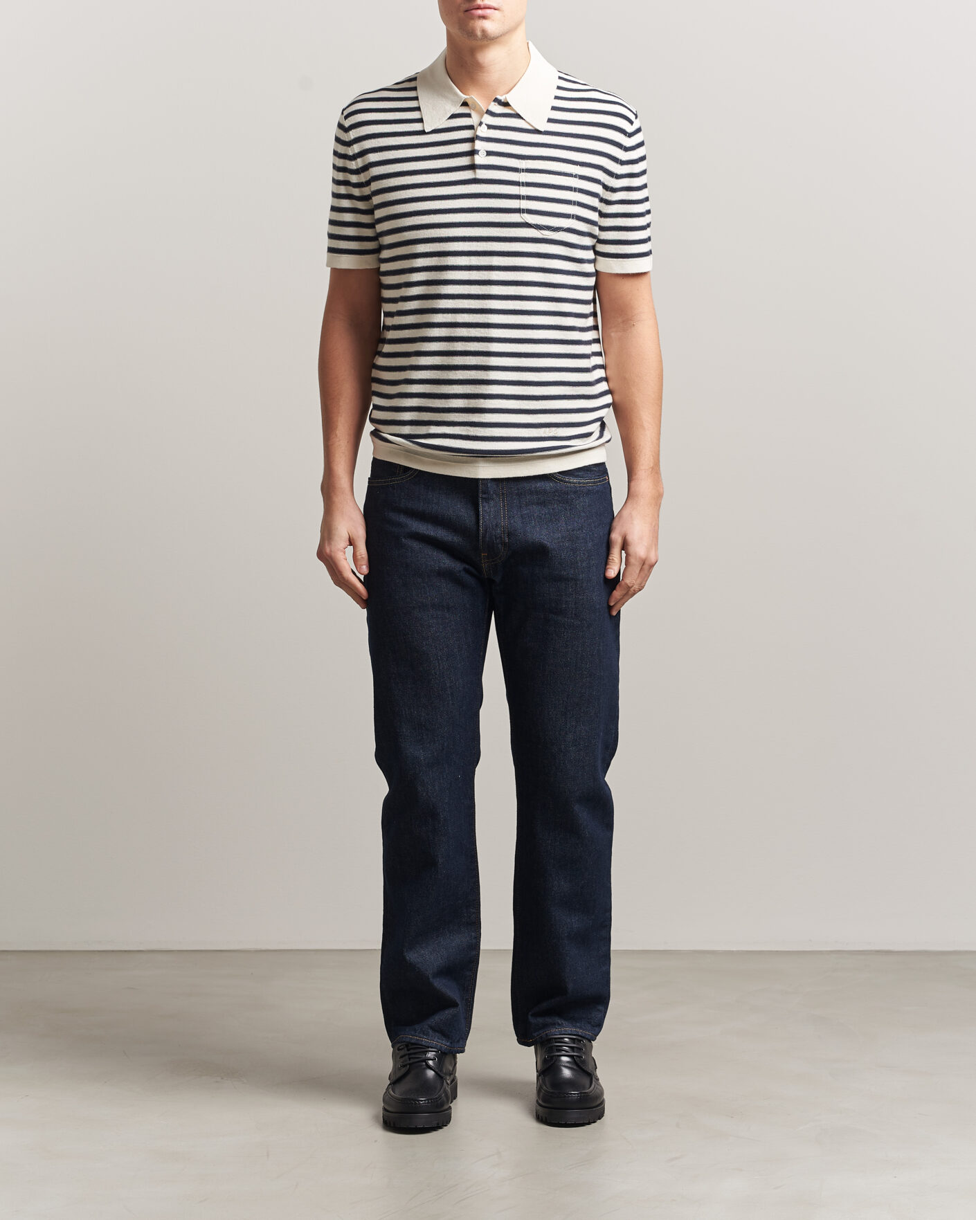 Herr | Pikéer | A.P.C. | Eliot Cotton/Cashmere Knitted Polo Ecru/Navy