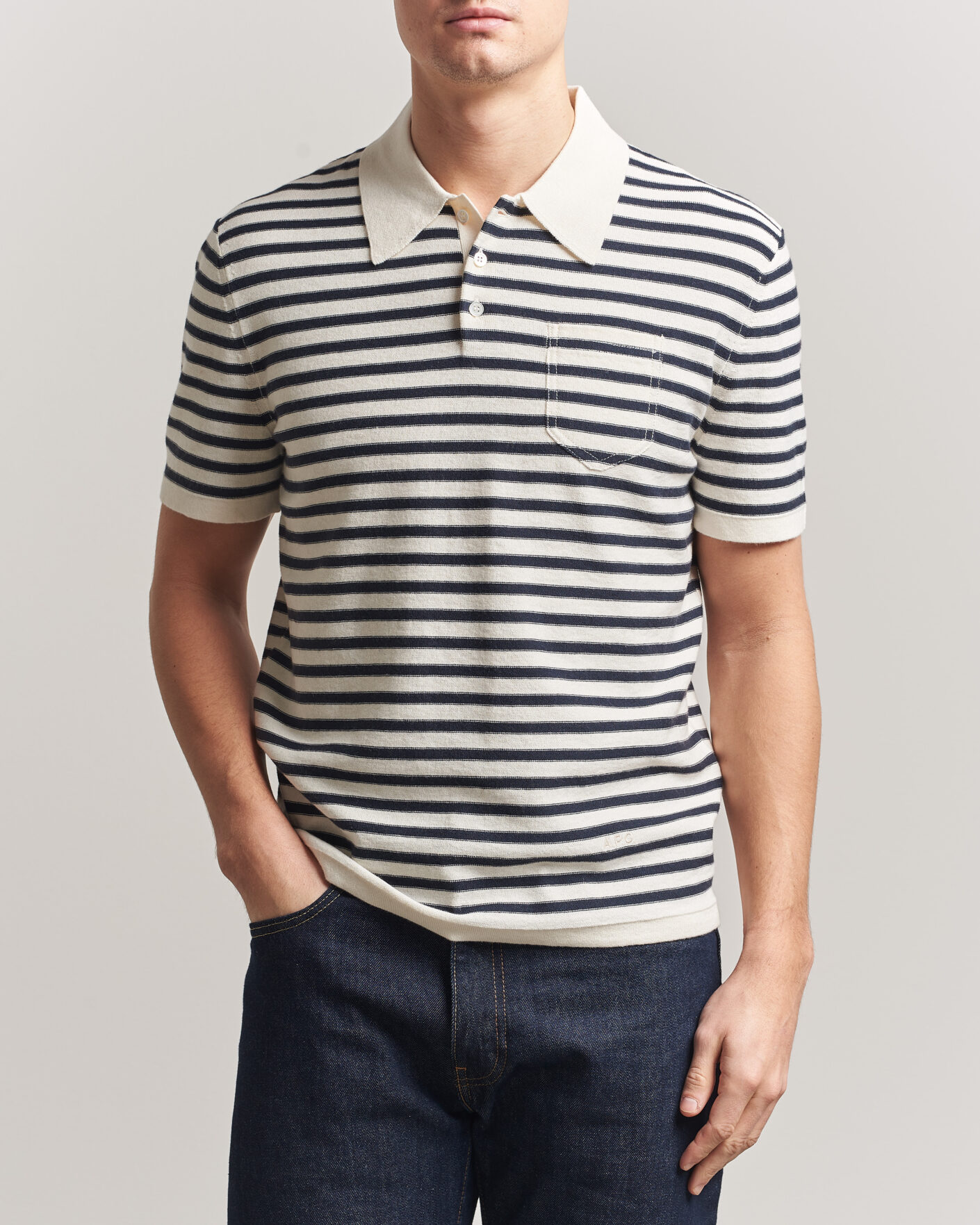 Herr | Pikéer | A.P.C. | Eliot Cotton/Cashmere Knitted Polo Ecru/Navy