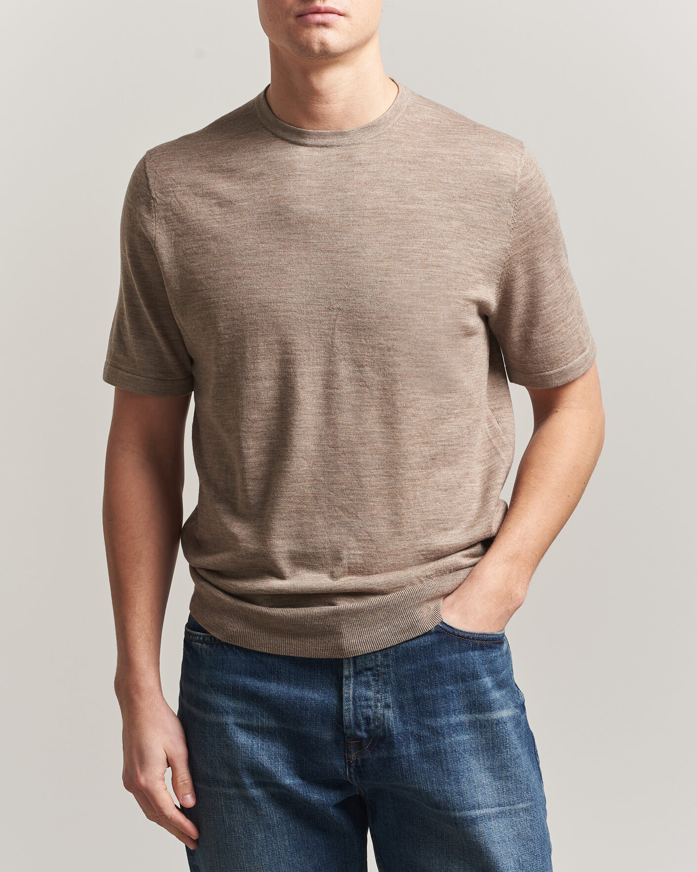 Herr | T-Shirts | Tiger of Sweden | Connor Merino Knitted T-Shirt Beige Melange