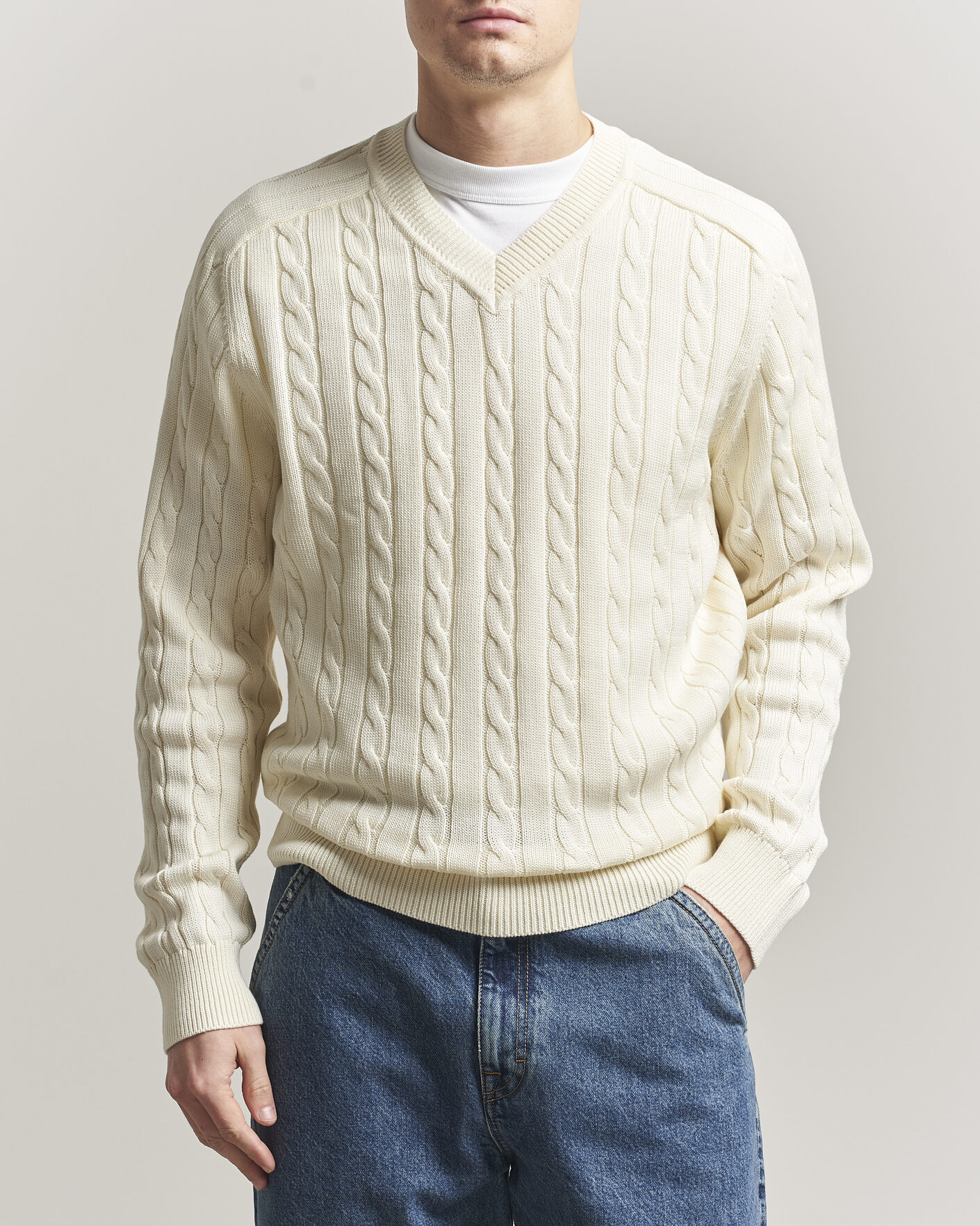 Herr | Tröjor | Filippa K | Cotton Cable V-Neck Sweater Calico White
