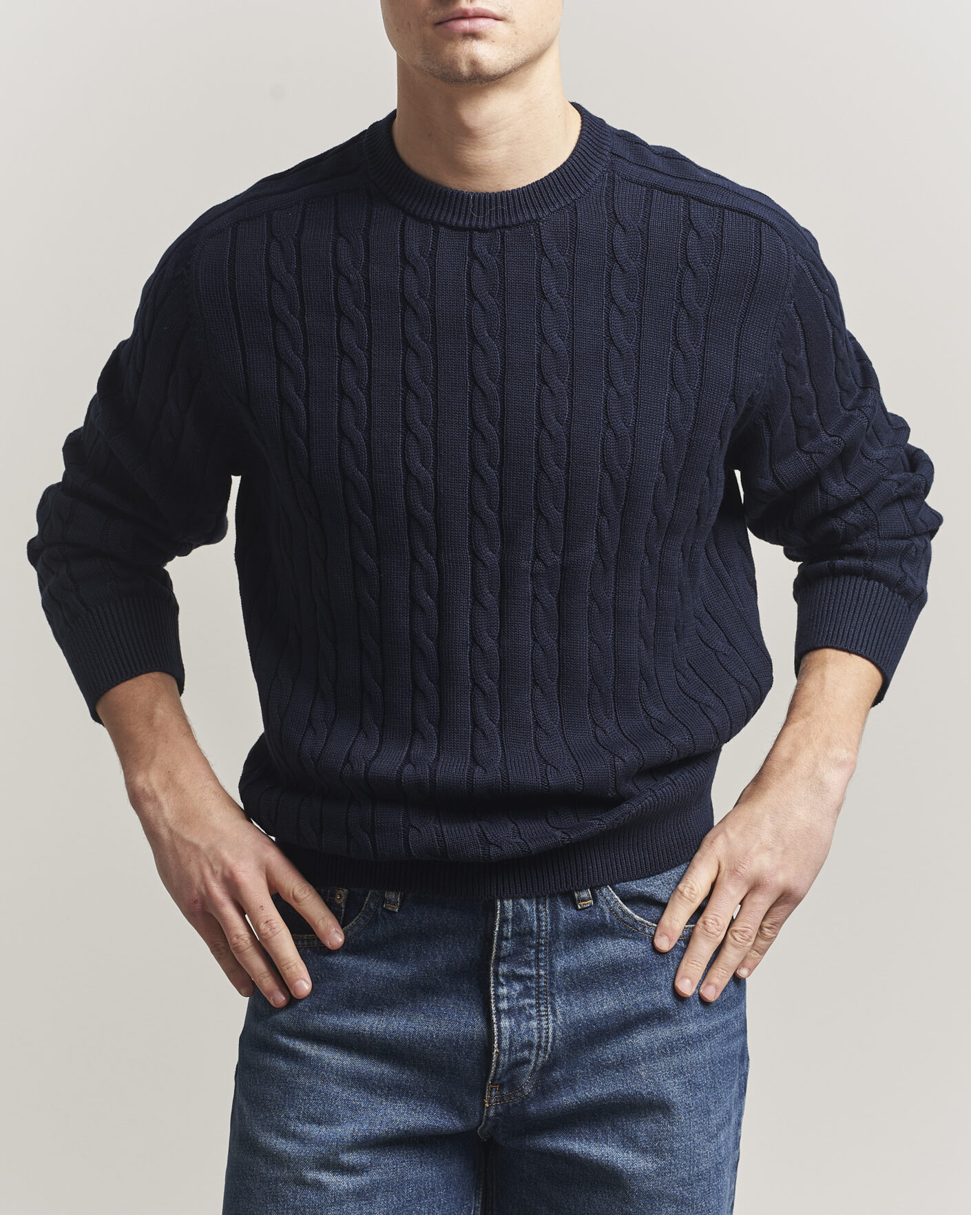 Herr | Tröjor | Filippa K | Cotton Cable Crew Neck Sweater Navy