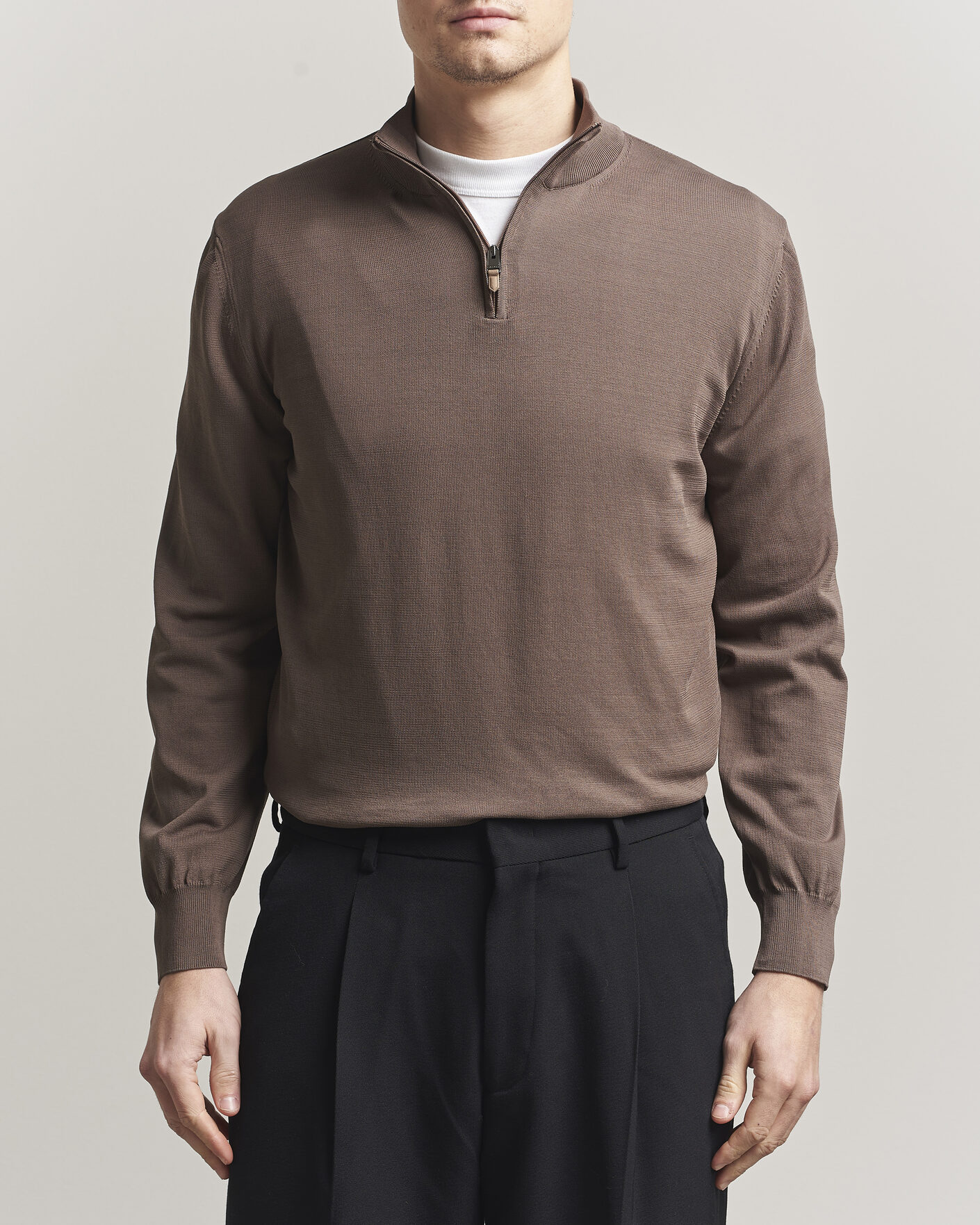 Herr | Tröjor | Canali | Cotton Half Zip Brown