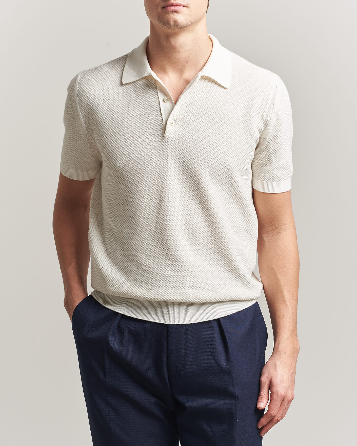 Herr | Pikéer | Canali | Textured Knit Short Sleeve Polo Off White