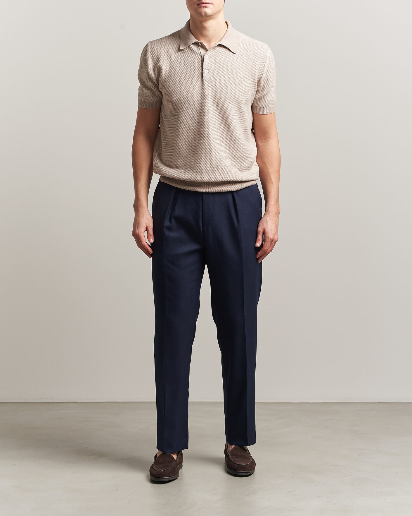 Herr | Pikéer | Canali | Textured Knit Short Sleeve Polo Light Beige