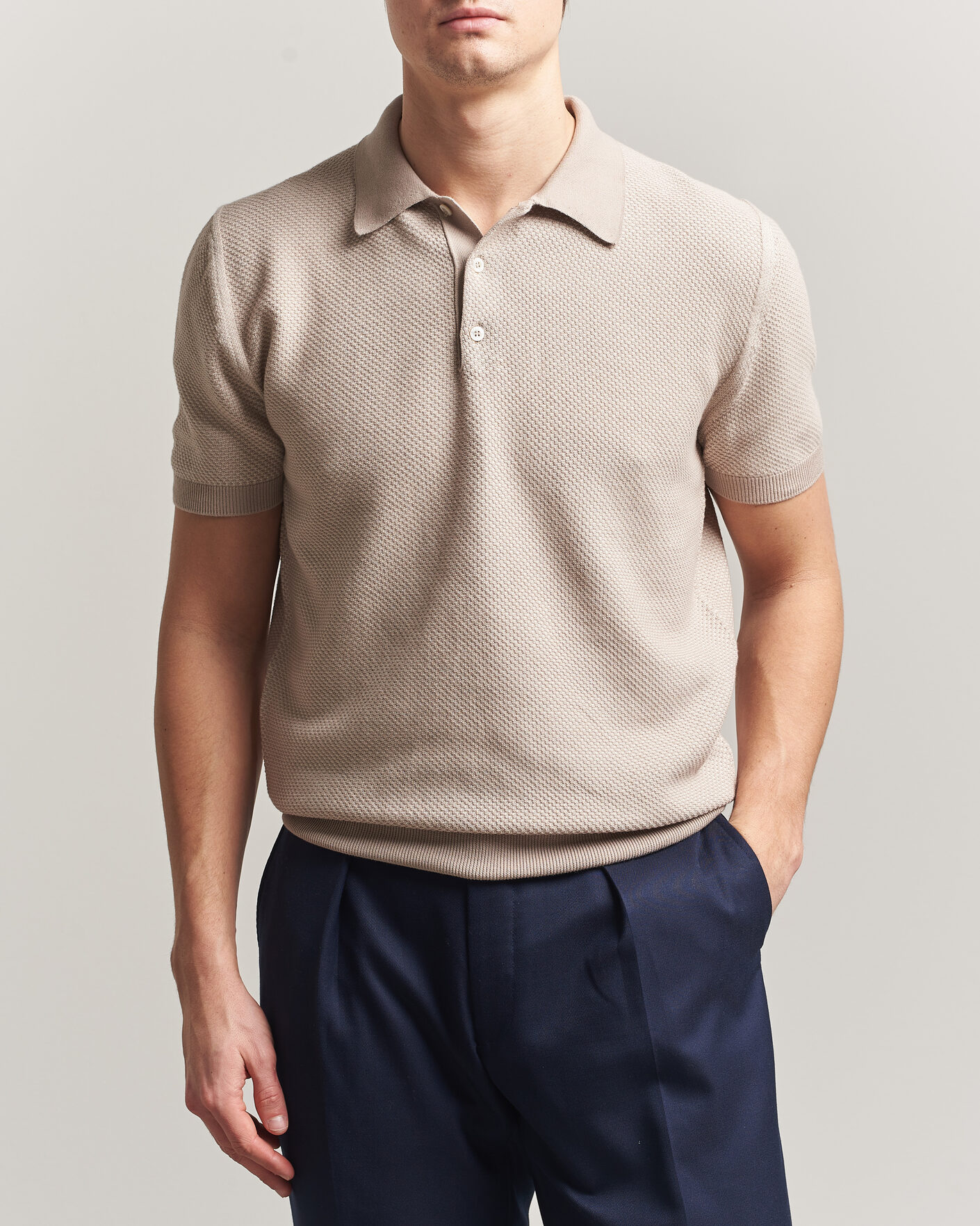 Herr | Pikéer | Canali | Textured Knit Short Sleeve Polo Light Beige
