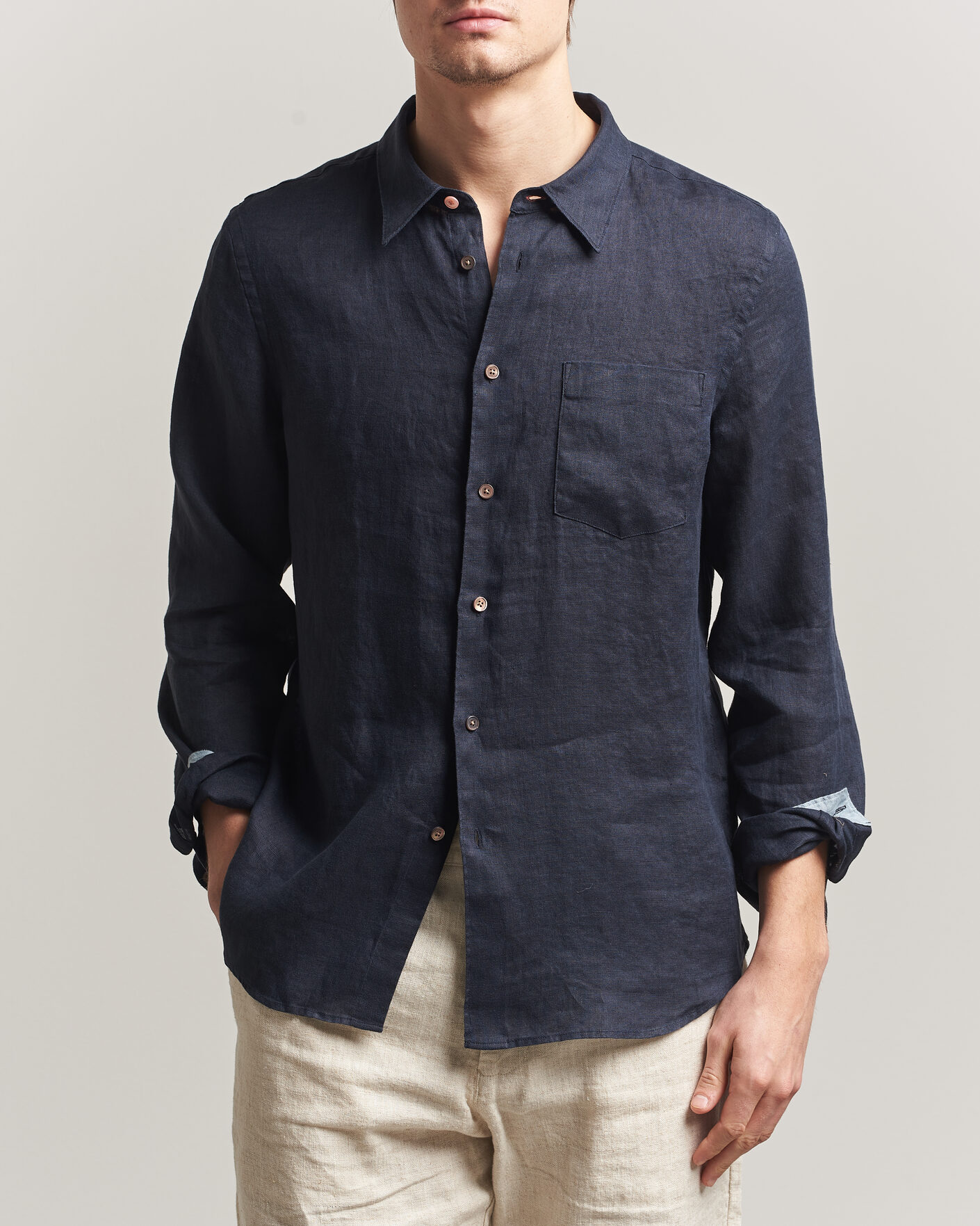 Herr | Skjortor | PS Paul Smith | Tailored Fit Linen Shirt Navy