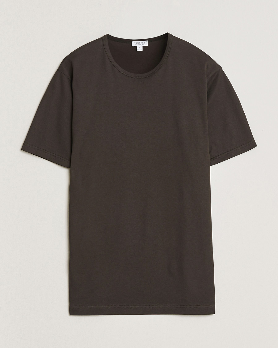 Herr | T-Shirts | Sunspel | Crew Neck Q82 Cotton T-Shirt Dark Chocolate