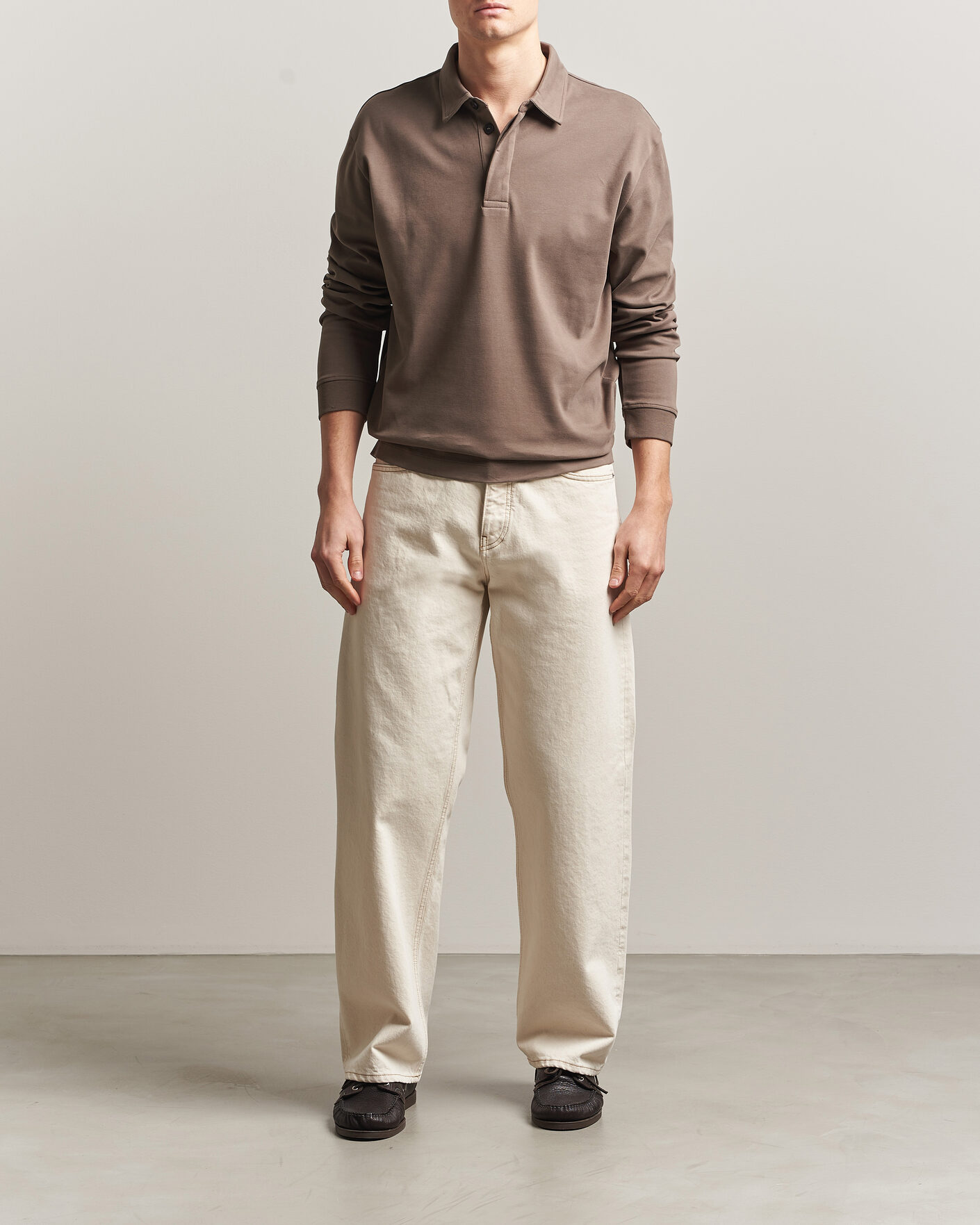 Herr | Pikéer | Sunspel | Heavy Weight Supima Cotton Long Sleeve Polo Dark Cedar