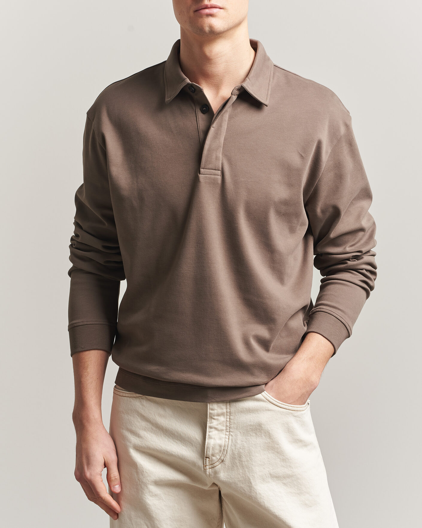 Herr | Pikéer | Sunspel | Heavy Weight Supima Cotton Long Sleeve Polo Dark Cedar