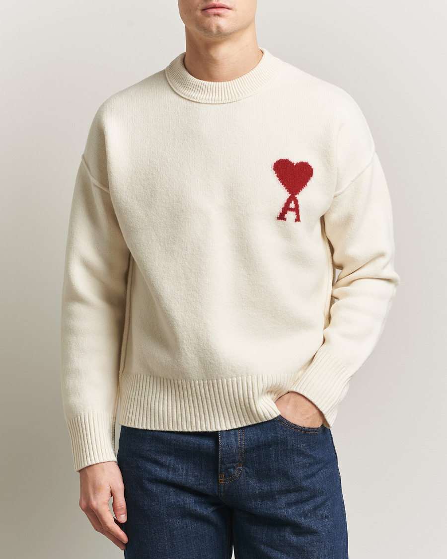 Herr | Tröjor | AMI | Big Heart Wool Sweater Ecru