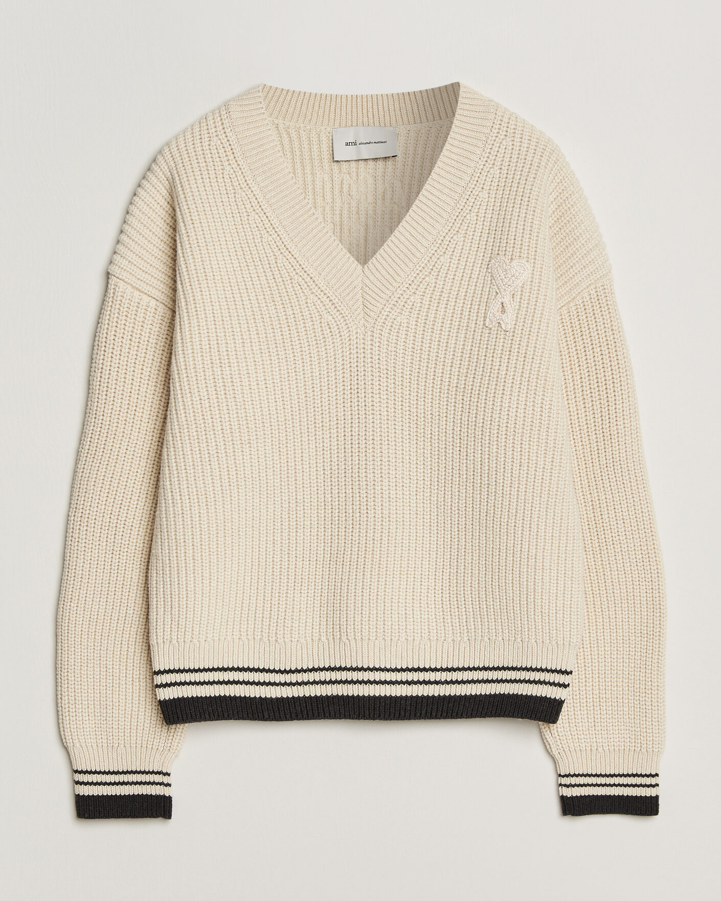 Herr | Tröjor | AMI | Wool/Cotton Ribbed V-Neck Creme
