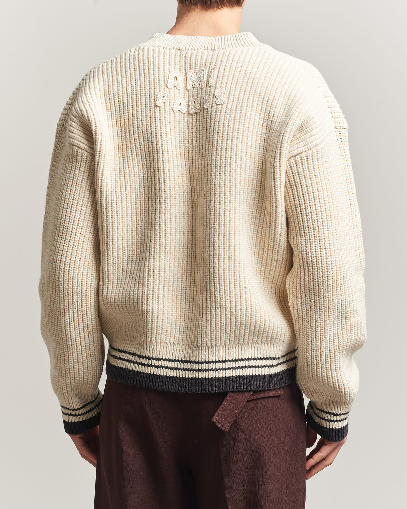 Herr | Tröjor | AMI | Wool/Cotton Ribbed V-Neck Creme