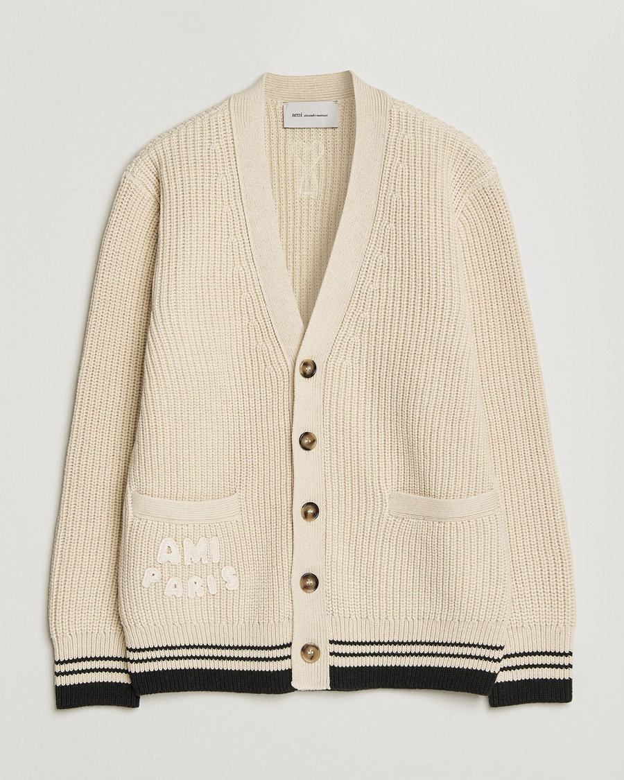 Herr | Tröjor | AMI | Wool/Cotton Ribbed Cardigan Creme
