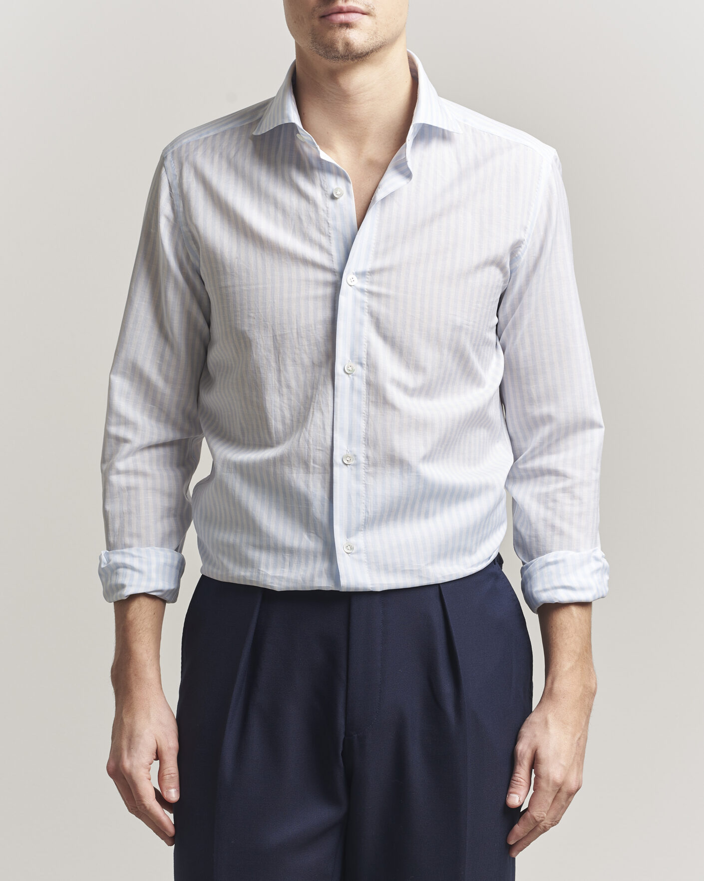 Herr | Skjortor | 100Hands | Cotton/Linen Bengal Stripe Shirt Light Blue