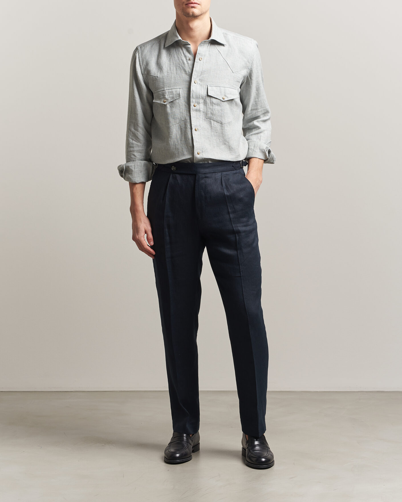 Herr | Skjortor | 100Hands | Two Pocket Western Linen Shirt Mint Green