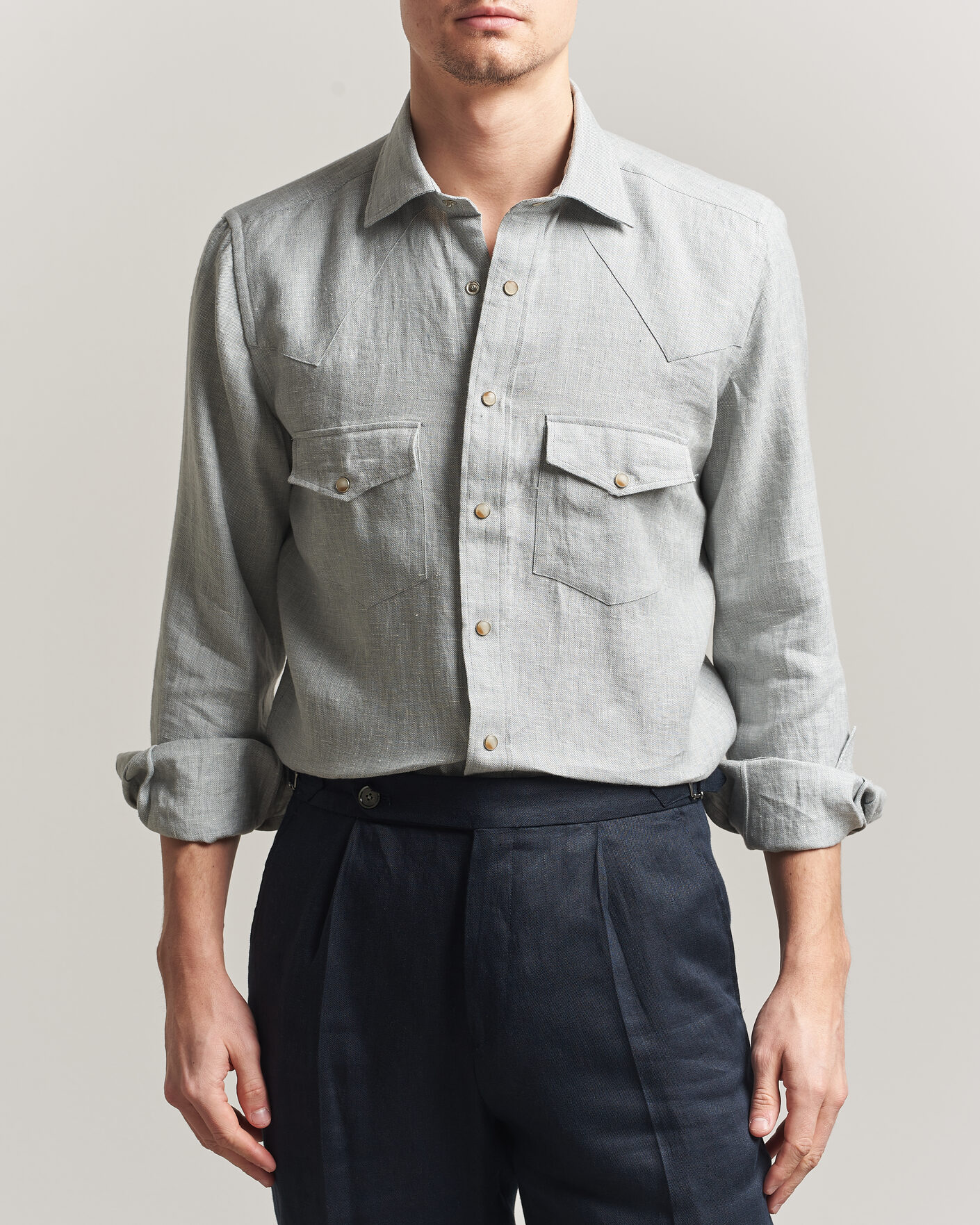 Herr | Skjortor | 100Hands | Two Pocket Western Linen Shirt Mint Green