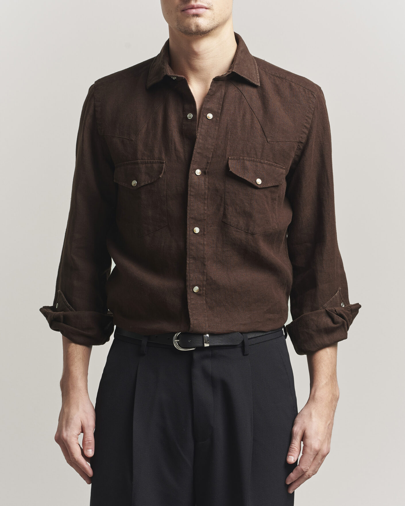 Herr | Skjortor | 100Hands | Two Pocket Western Linen Shirt Chocolate