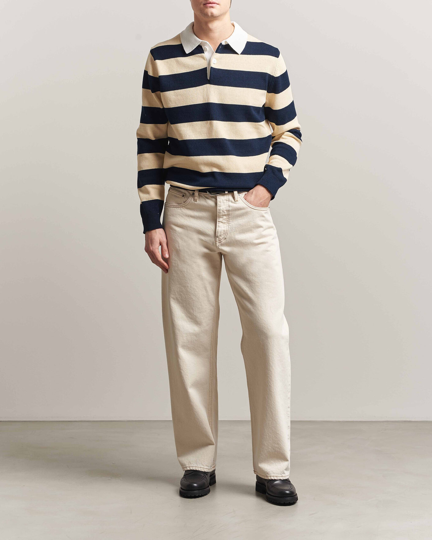 Herr | Tröjor | Aspesi | Long Sleeve Knitted Polo Navy/Ecru