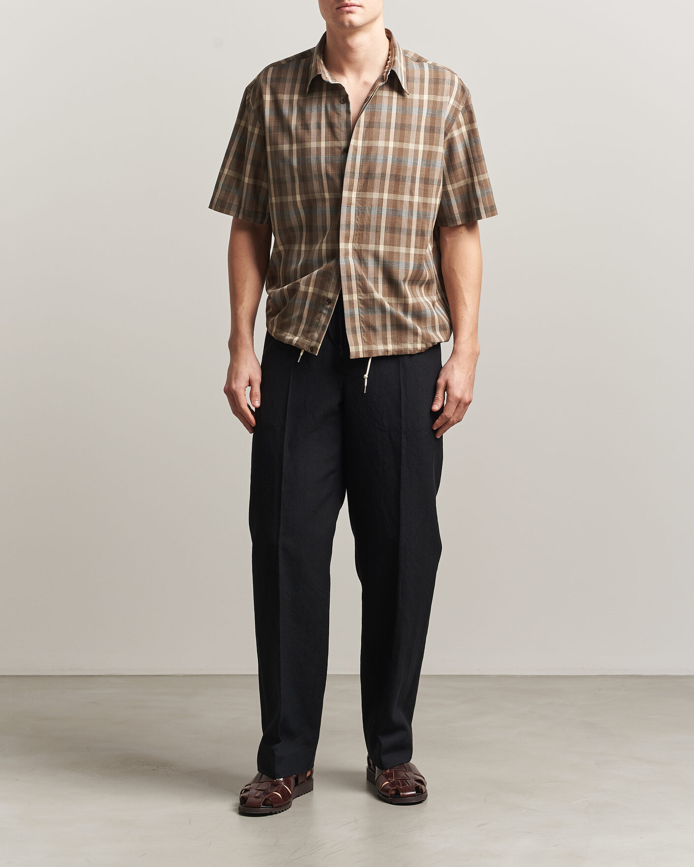 Herr | Skjortor | Auralee | Tropical Wool Half Sleeve Shirt Brown Check