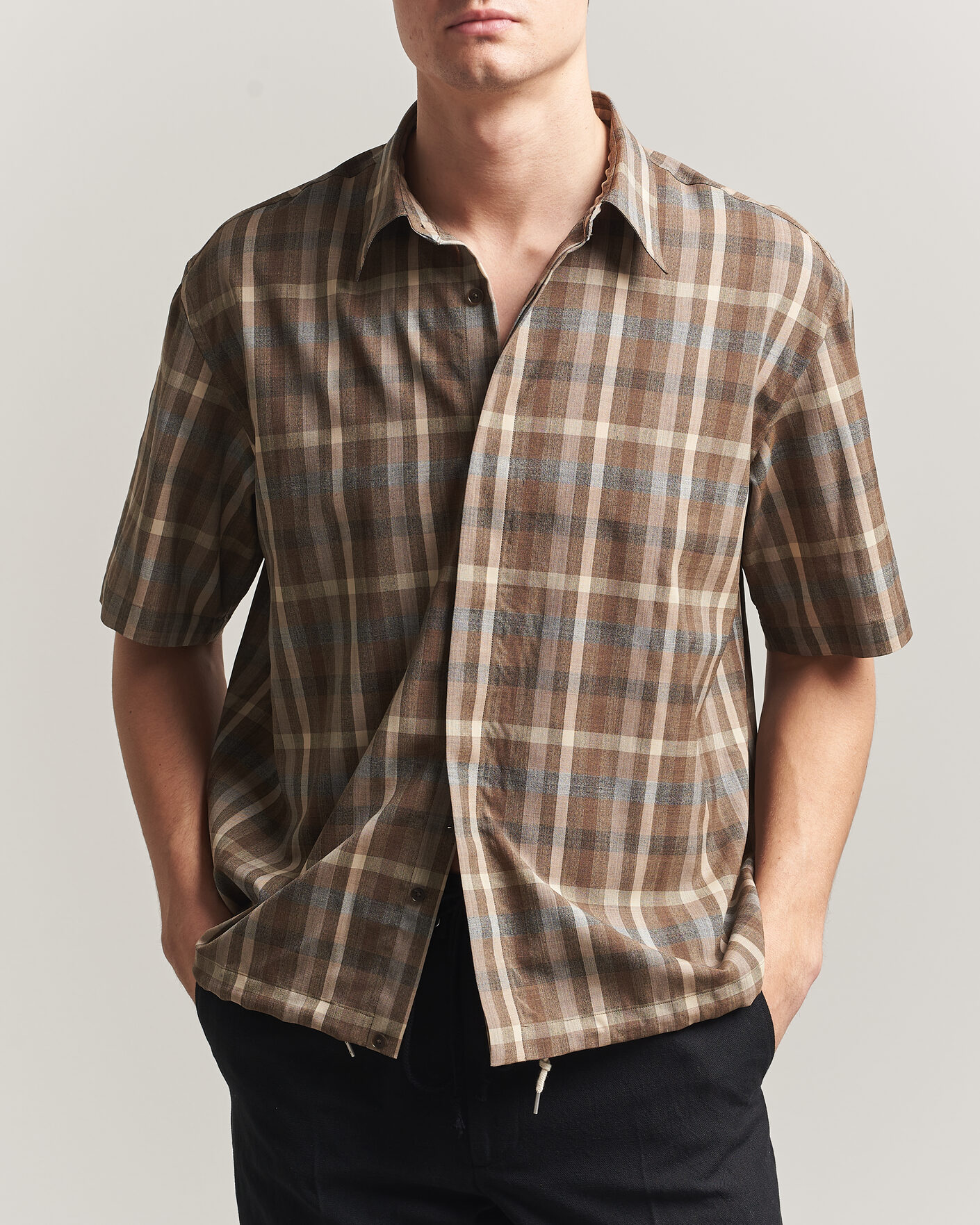Herr | Skjortor | Auralee | Tropical Wool Half Sleeve Shirt Brown Check