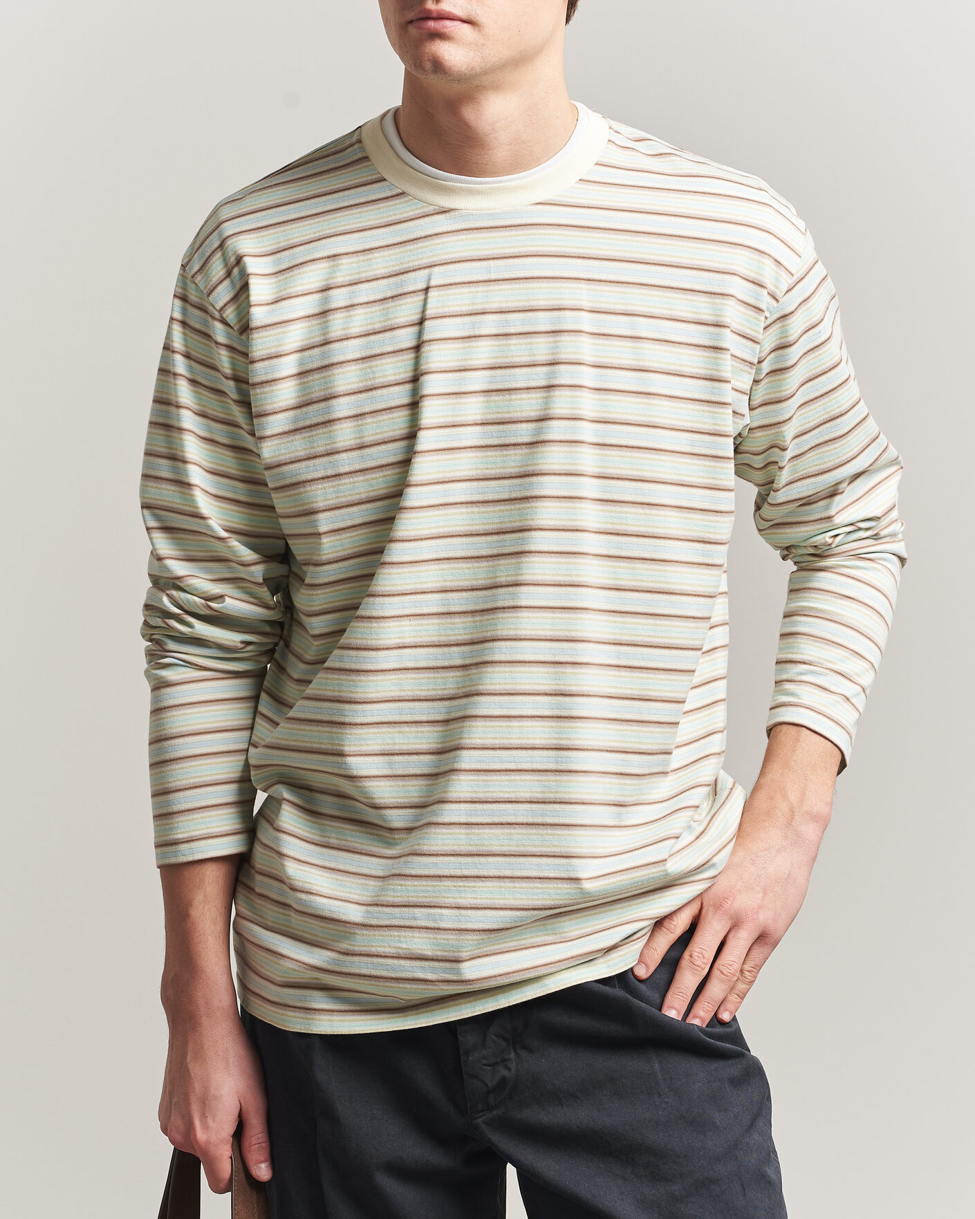 Herr | T-Shirts | Auralee | Long Sleeve Cotton T-Shirt Mint Stripe