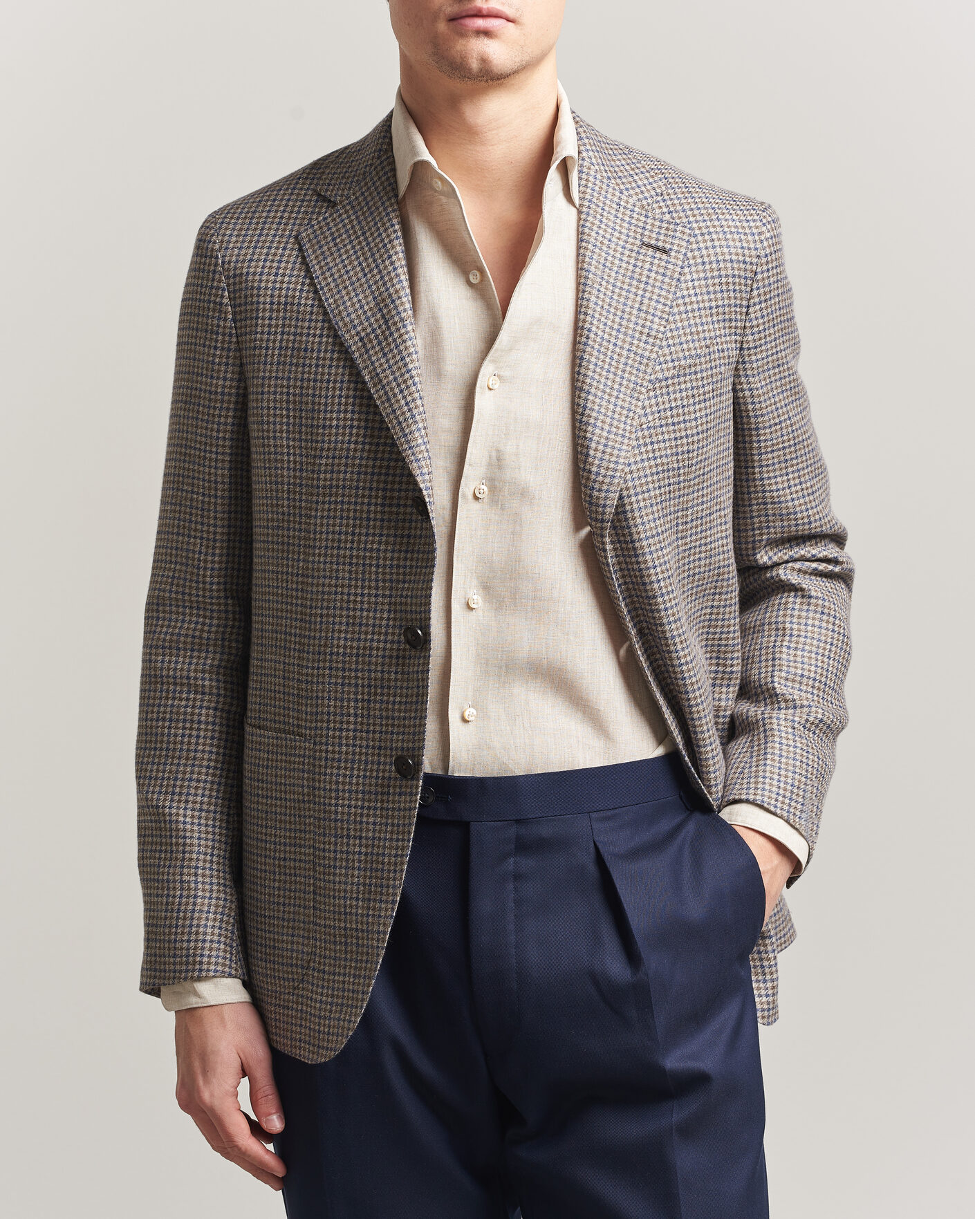 Herr | Kavajer | Caruso | Aida Linen/Wool Blazer Navy/Grey Check