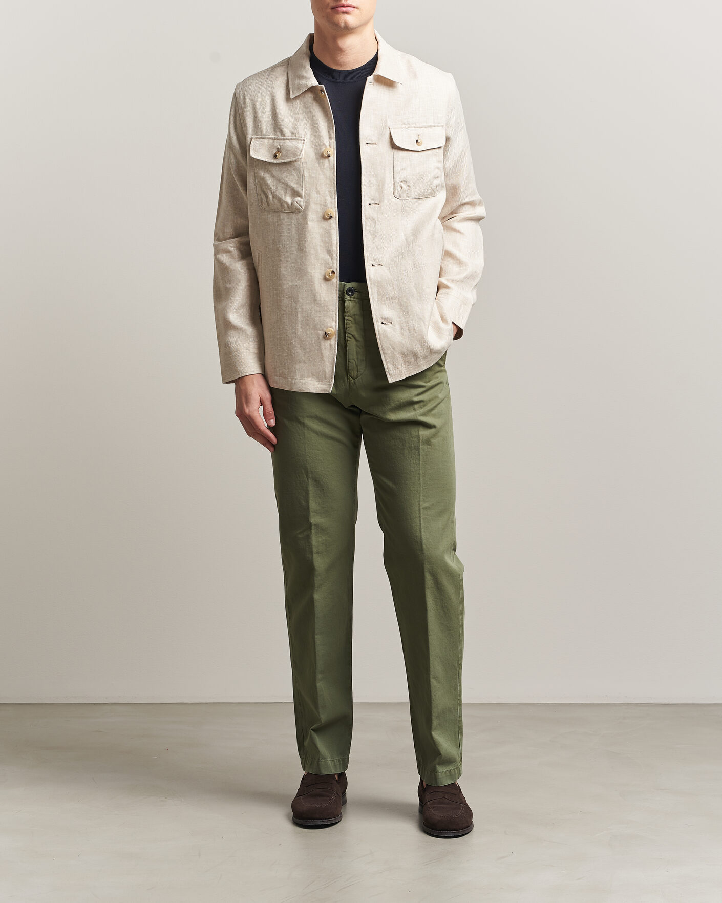 Herr | Byxor | Incotex | Regular Fit Cotton/Linen Slacks Military