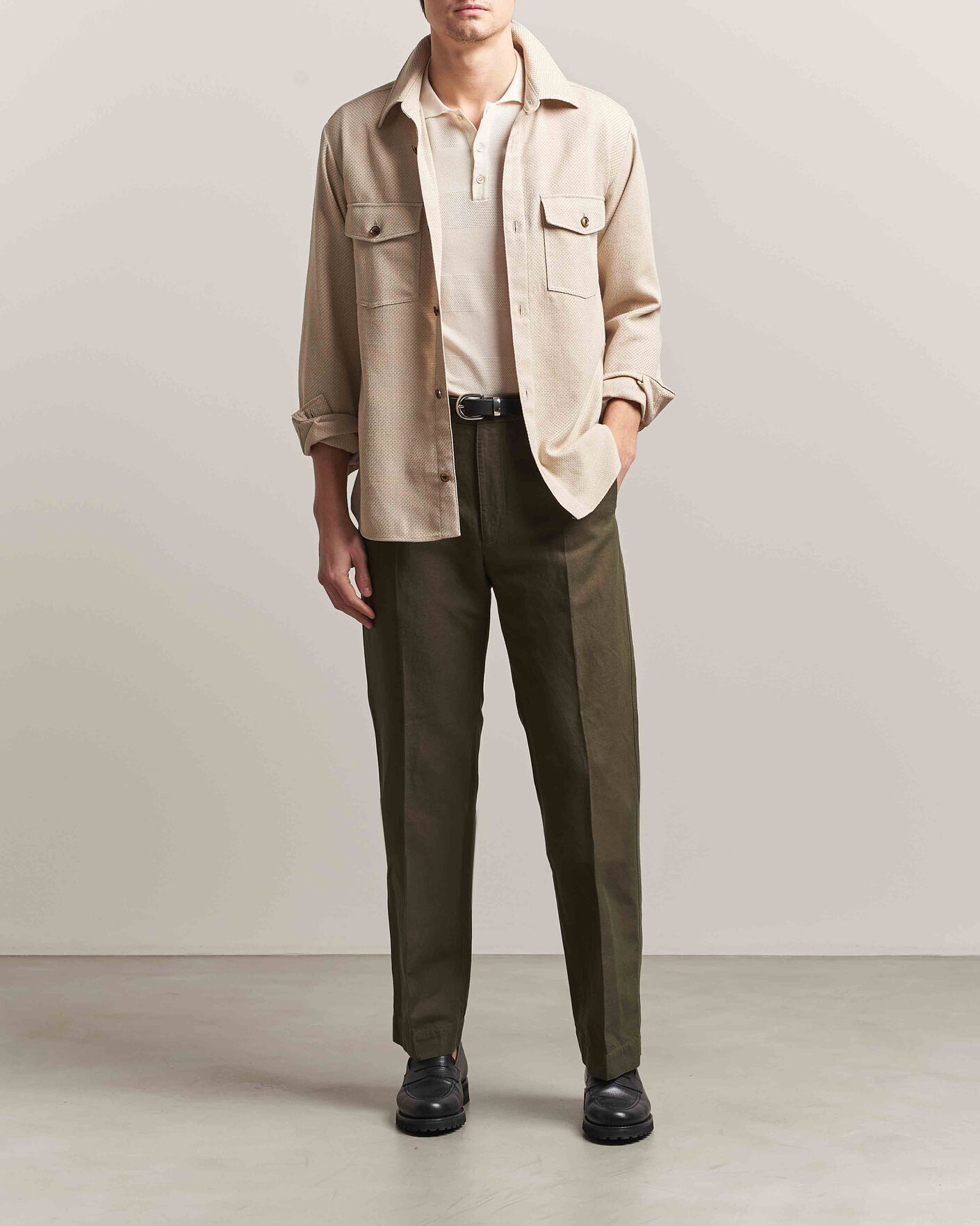 Herr | Byxor | Incotex | Regular Fit Cotton/Linen Drill Trousers Military