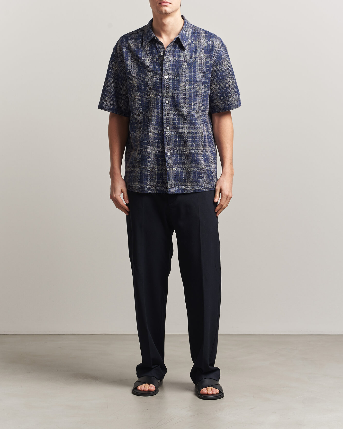 Herr | Skjortor | Palmes | Cotton/Linen Short Sleeve Shirt Navy Check