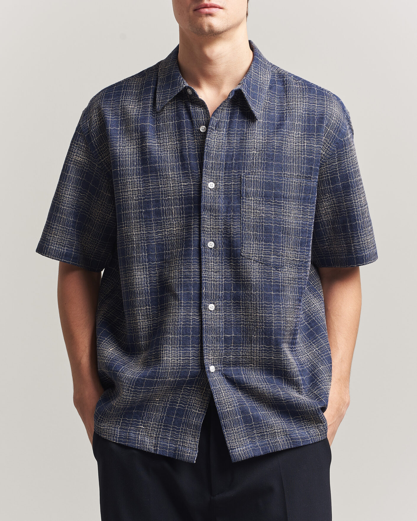 Herr | Skjortor | Palmes | Cotton/Linen Short Sleeve Shirt Navy Check