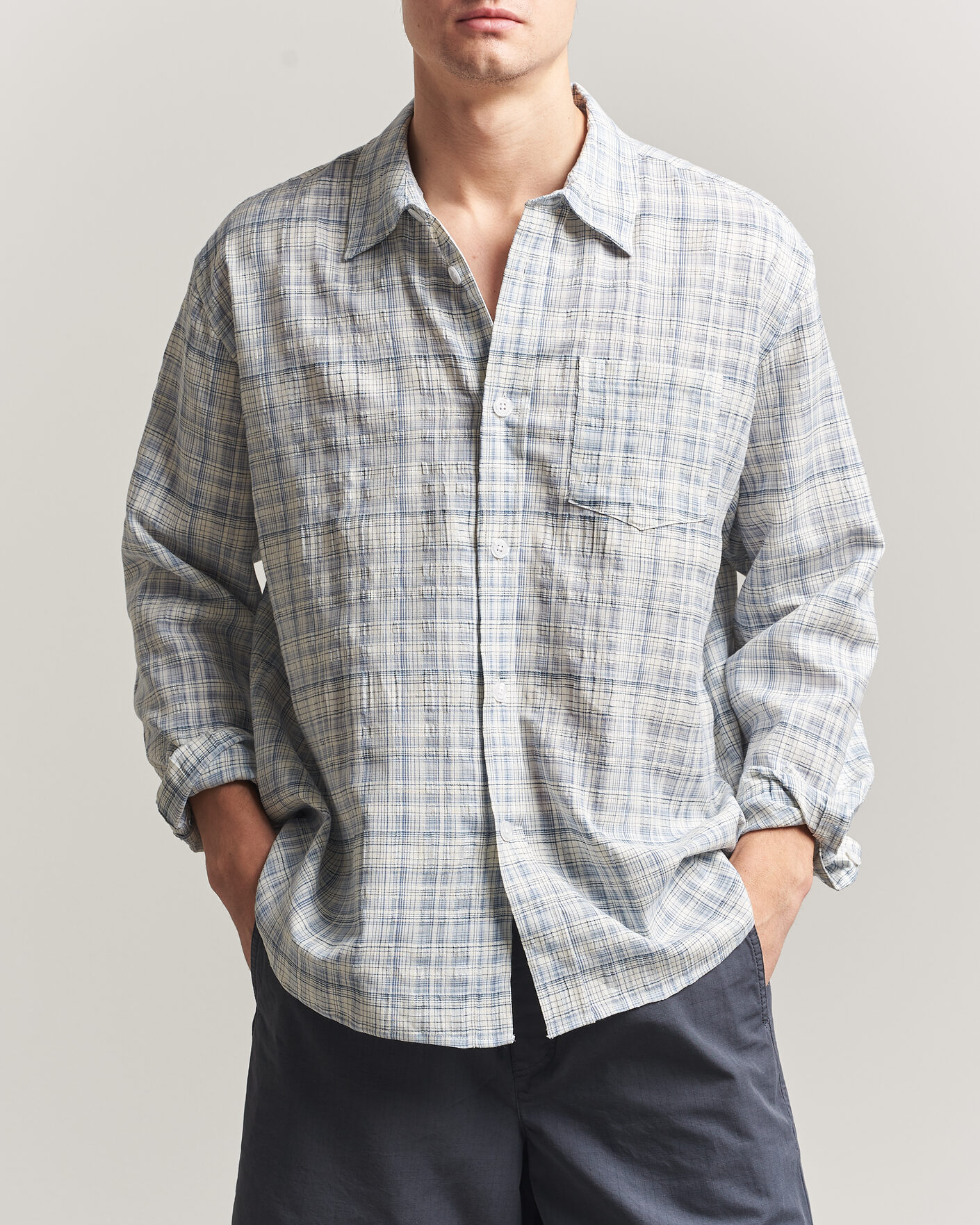 Herr | Skjortor | Palmes | Cotton/Linen Shirt Light Blue Check