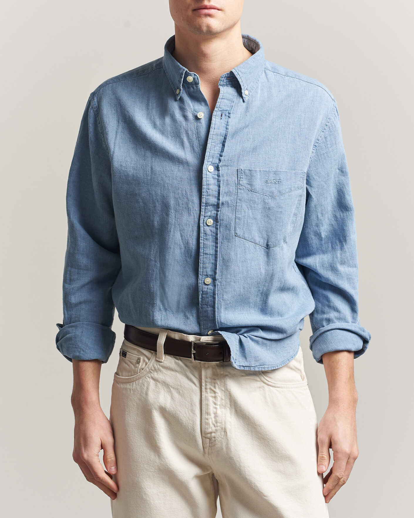 Herr | Skjortor | Gant | Regular Fit Cotton Linen Indigo Shirt Semi Light Blue