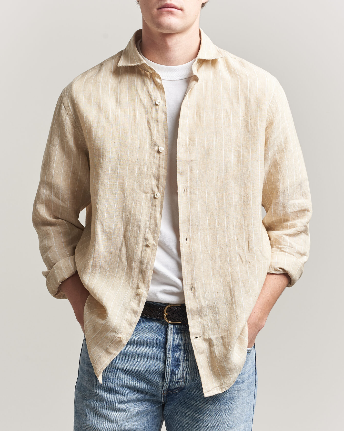 Herr | Skjortor | GANT | Regular Fit Linen Striped Shirt Oat Beige