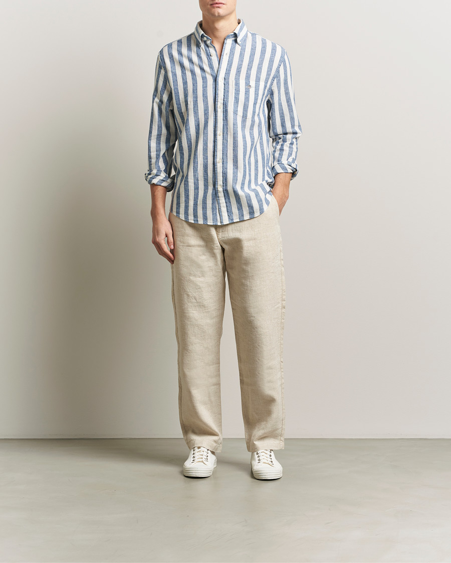 Herr | Skjortor | GANT | Regular Fit Linen/Cotton Striped Shirt Vintage Blue