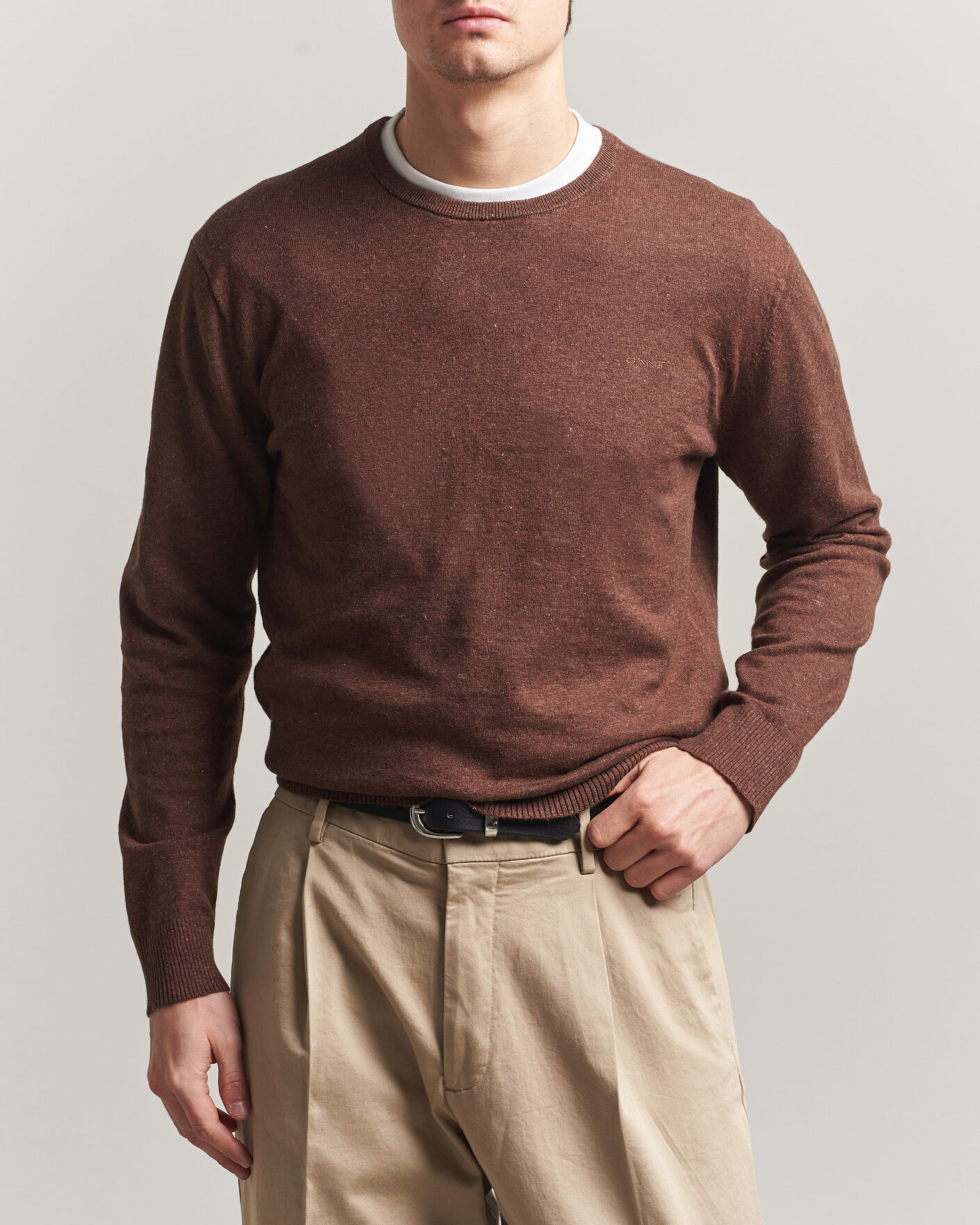 Herr | Tröjor | Gant | Cotton/Linen Slub Knitted Sweater Hazelnut Melange
