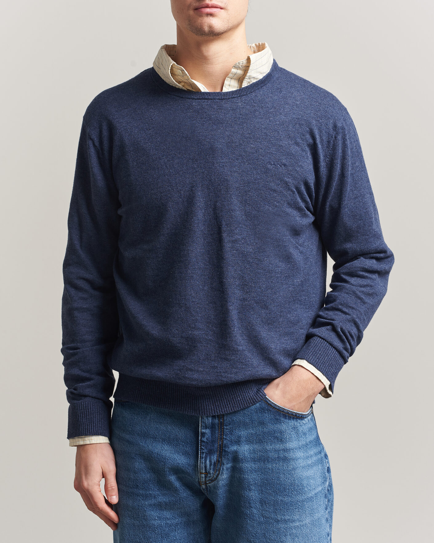 Herr | Tröjor | Gant | Cotton/Linen Slub Knitted Sweater Dark Indigo Melange