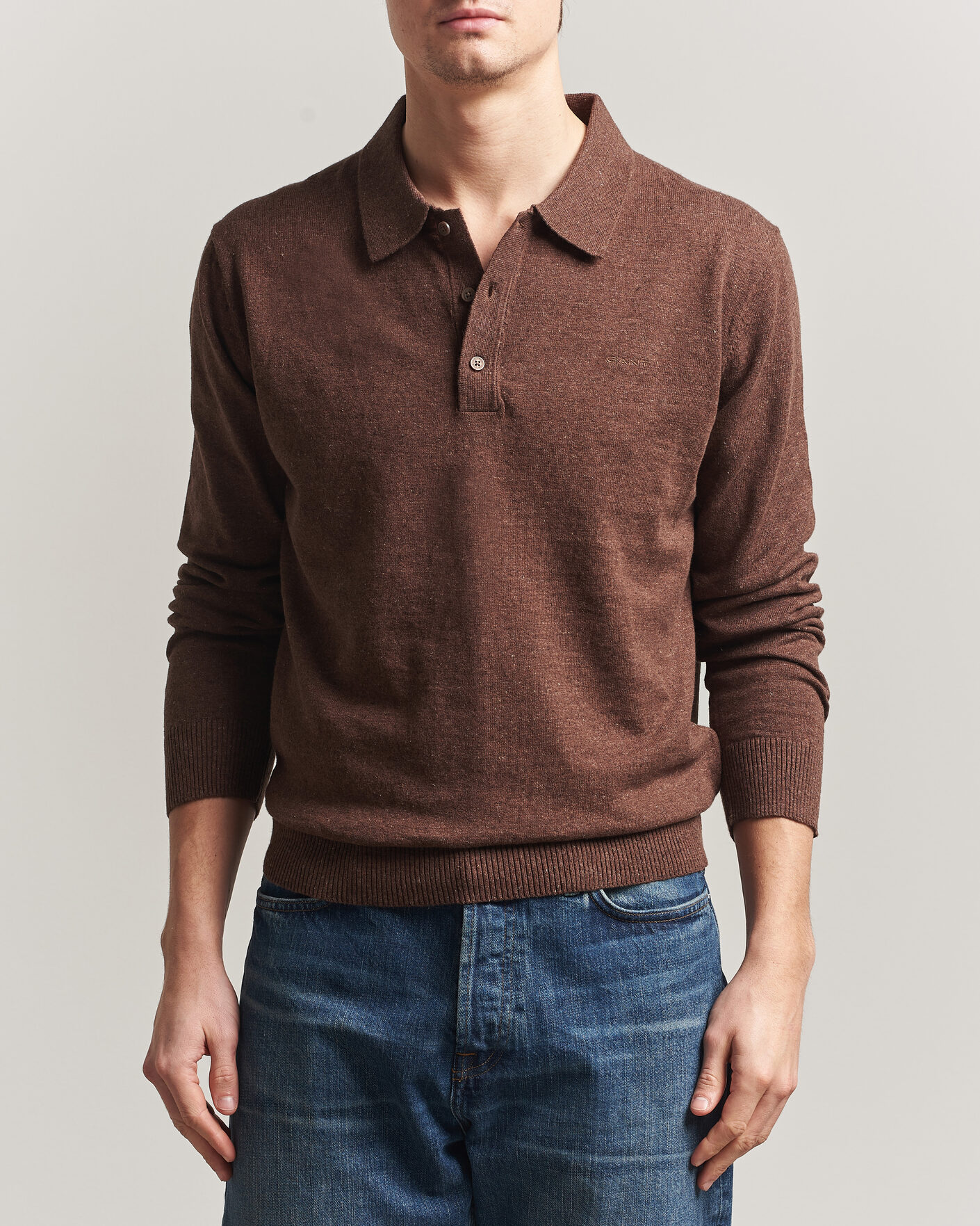 Herr | Tröjor | Gant | Cotton/Linen Slub Knitted Polo Hazelnut Melange
