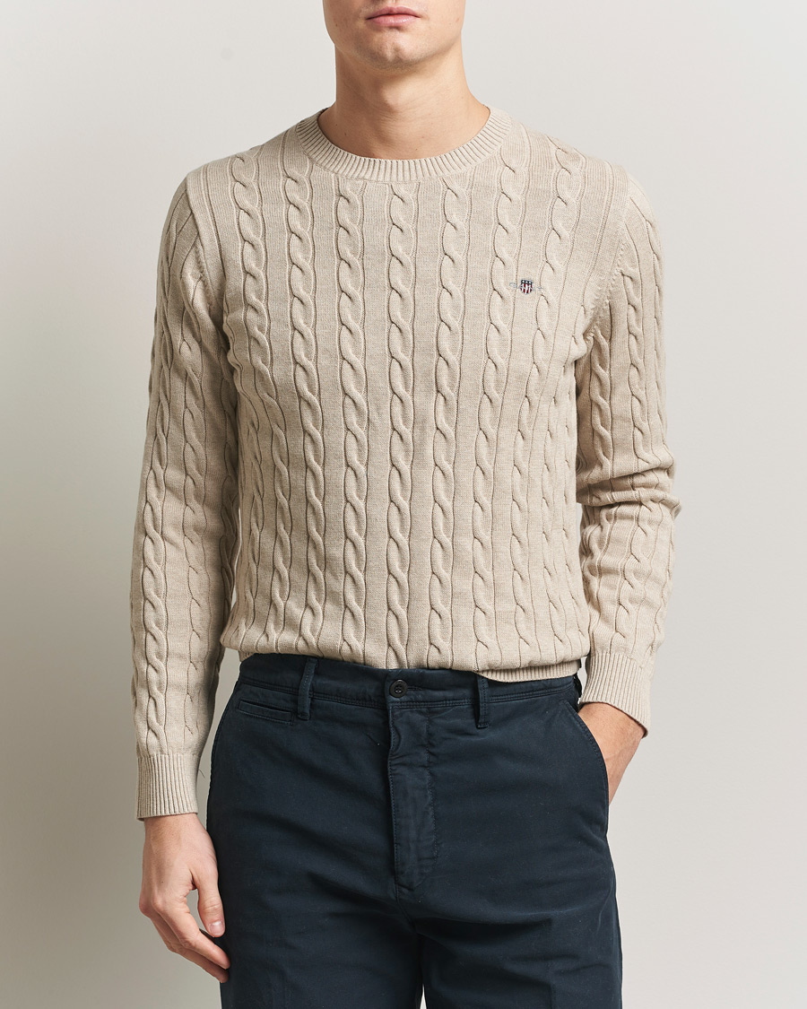 Herr | Tröjor | GANT | Cotton Cable Crew Neck Pullover Oat Melange