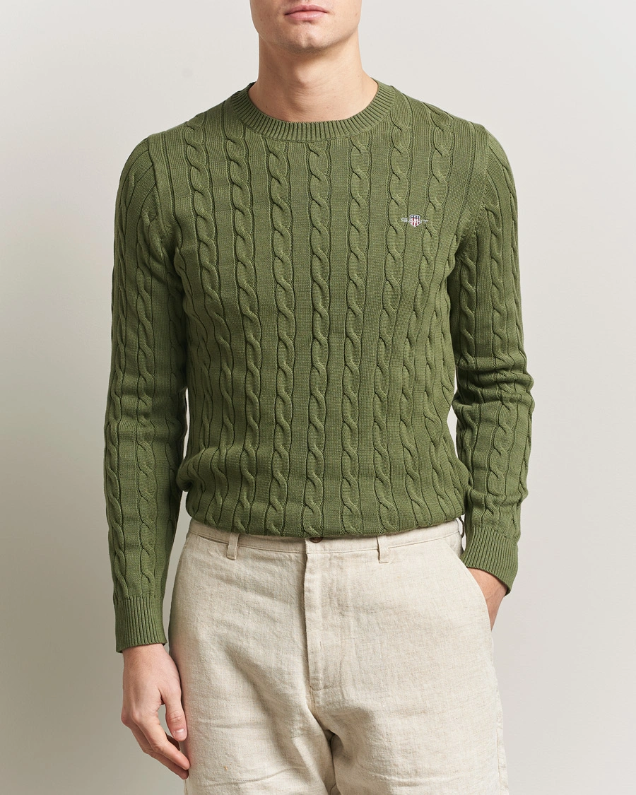 Herr | Tröjor | GANT | Cotton Cable Crew Neck Pullover Dry Herb Green