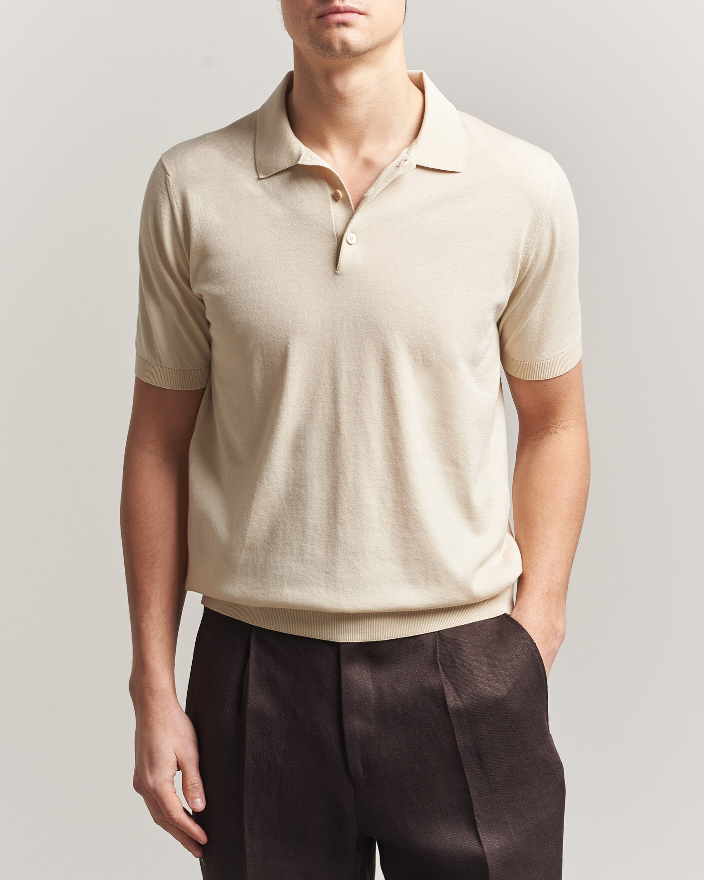 Herr | Pikéer | Piacenza Cashmere | Short Sleeve Knitted Polo Off White